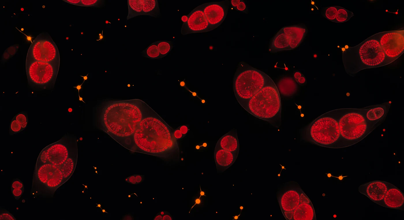 Suspended in absolute darkness, you find yourself adrift in a world measured in millionths of a meter, surrounded by dozens of phytoplankton cells burning as deep crimson embers — their chlorophyll molecules fluorescing at 680 nm, a wavelength they normally harvest to drive photosynthesis, here radiating outward as self-generated scarlet light with no external source to supplement them. Inside the nearest cells, double-lobed chloroplasts resolve as paired kidney forms dense with stacked thylakoid membranes, the molecular machinery of oxygenic photosynthesis compressed into structures just a micron or two across, their pigment concentration so high that the innermost folds deepen toward burgundy. Scattered among the crimson masses, cyanobacteria punctuate the void as sharp tangerine-orange sparks — prokaryotic cells carrying phycoerythrin rather than chlorophyll, evolutionarily ancient organisms whose ancestors first oxygenated Earth's atmosphere some 2.7 billion years ago, now burning a visibly different color in the same dark medium. The fluid itself is invisible yet present, its viscosity absolute at this scale — inertia here is essentially meaningless, Brownian thermal drift the only motion — and faint aureoles of scattered light around the nearest cells confirm you are suspended in ocean water rather than vacuum, a single microliter of sea surface that, multiplied across hemispheres, constitutes the base of nearly all marine food webs and produces roughly half of Earth's atmospheric oxygen.