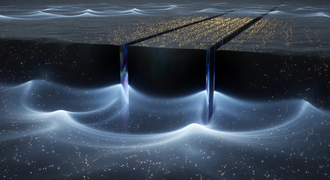 Before you stretches a colossal obsidian-black wall pierced by two narrow slits, their edges burning with electric blue-white light as probability amplitude pours through them like luminous fog. From each opening, semicircular wavefronts spread outward and overlap into a vast interference landscape, where brilliant cyan ridges mark constructive probability and deep bands of absolute darkness mark perfect cancellation. Far ahead, on a warm-gray detection plane, tiny gold sparks accumulate one by one into vertical fringes, the record of a single electron arriving as discrete events while its wave-like pattern is built across the whole field. The scene feels physically inhabitable and immense, yet every feature is a translation of quantum behavior into spatial form: amplitudes, phase differences, and collapse made visible in a frozen instant.