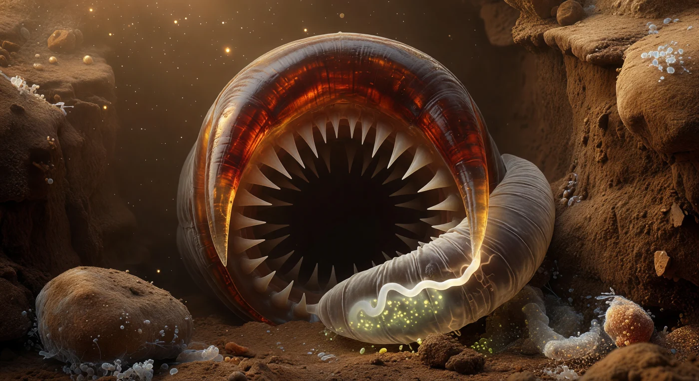 You stand at the mouth of what reads, at this scale, as a vast cathedral hewn from living amber — the buccal cavity of a *Mononchus* predatory nematode, perhaps 1.5 mm in total body length, whose gaping oral aperture at close range dwarfs your entire field of vision. The dominant structure is the dorsal tooth: a single massive arch of sclerotized cuticle, biochemically hardened into a stiff, dark reddish-brown material analogous to arthropod chitin in its mechanical role, its translucent surface refracting diffuse soil-light into caramel and burnt-ochre gradients along its razor-curved edge, while radially arranged denticles line the chamber walls in ivory-pale concentric rings, each one tapered to a piercing point, receding into the pulsing triradiate lumen of the pharynx beyond. Within this annihilating space, a smaller bacterivore nematode is already failing — its normally pressurized hydrostatic cuticle, which relies on internal pseudocoelomic fluid pressure for structural integrity, is visibly wrinkling and folding under the predator's suction force, diagonal compression creases propagating backward along its body as its hydraulic skeleton collapses, its transparent cuticle still revealing the pharynx, looping gonad strand, and gut granules glowing with a faint golden autofluorescence from within. The surrounding soil matrix — ochre-brown compressed mineral grains coated in opalescent bacterial biofilm — frames the scene like rough cliff-faces, light arriving not from any coherent source but as a warm diffuse fog, multiply scattered through a world where surface tension and viscosity govern all motion, and where this act of predation, lasting only seconds in human time, unfolds as a geological catastrophe at the scale of its participants.