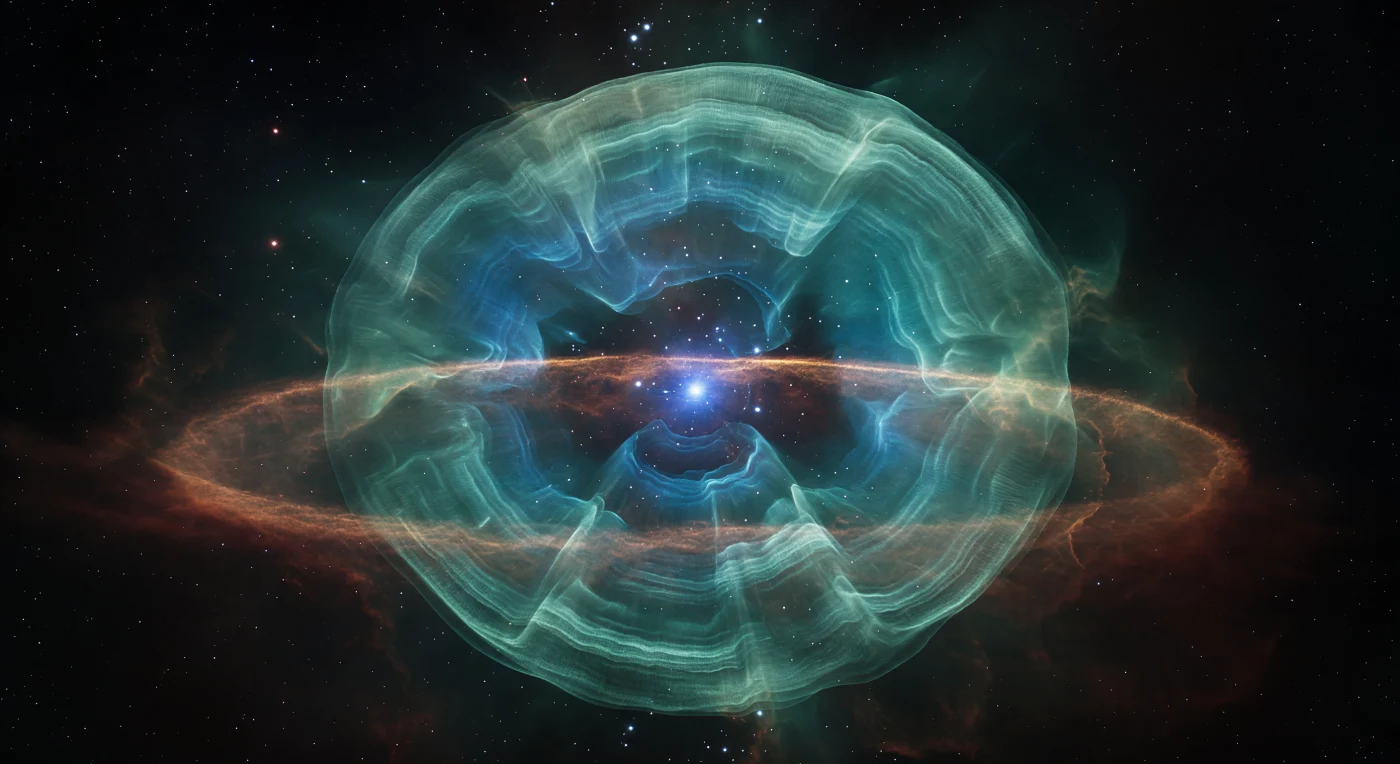 You are suspended inside the polar lobe of a dying star's final exhalation — a cathedral of ionized oxygen arching hundreds of cubic light-years above and below in perfect bilateral symmetry, its walls built not of stone but of stacked forbidden-line emission shells, each concentric skin radiating a fractionally deeper shade of electric teal than the last, from palest aquamarine at the outer rim to an intense cobalt-turquoise near the central axis. The lobes are pinched at the equator by a dense molecular torus of reddish umber and compressed ash, its inner edge peeling apart under the hard ultraviolet assault of an Earth-sized white dwarf burning at 150,000 kelvin — a sourceless kernel of blue-white brilliance that casts no ordinary shadow, only an omni-directional aquamarine ambient that makes the interior feel simultaneously enclosed and boundlessly open. At this scale, the gas you float within is functionally a perfect vacuum — particle densities thousands of billions of times thinner than the air of any world — yet integrated across light-years of depth it resolves into luminous membranes, translucent forbidden-line curtains, and corrugated shell walls ridged where a fast stellar wind overtook slower ejecta ejected millennia before, the entire structure a frozen record of a star's last ten thousand years of self-erasure. Through the open mouth of the far lobe, ancient field stars burn as cold white pinpoints behind teal gauze, their light measurably reddened by the gas column between them and you, calibrating by their very dimness the inconceivable depth of glowing material that now constitutes everything you can see.