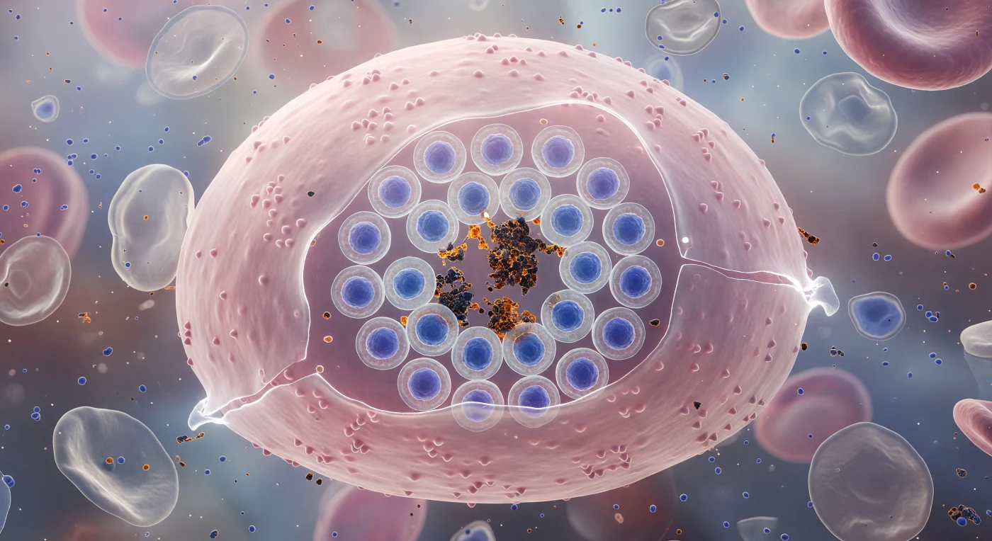 The surface pressing against your imaginary body is the outer membrane of a human red blood cell swollen far beyond its normal discoid shape — a vast pale-rose vault stretched to mechanical near-failure, its lipid bilayer thinned at intervals to a luminous, almost white translucency through which the catastrophic geometry inside is faintly visible. Within, twenty-four *Plasmodium falciparum* merozoites have arranged themselves into a schizont rosette, each parasite a compact ovoid with a cobalt-blue nucleus stained by Giemsa chemistry, the entire wheel-like assembly radiating outward from a central cairn of hemozoin — crystallized heme detoxification byproduct, chemically inert iron-porphyrin polymer, refracting the diffuse biological backlight into brief amber glints against the prevailing blue-violet cold. The host erythrocyte has been entirely hollowed: its hemoglobin digested, its cytoskeleton remodeled from within by exported parasite proteins that have pushed up dense knobby protrusions across the outer membrane surface, each knob an anchor point for cytoadherence to blood vessel walls. Osmotic pressure has been building for roughly 48 hours of intraerythrocytic development, and the membrane is now at mechanical failure — the contrast between its warm salmon-rose and the dense jewel-indigo of merozoite nuclei pressing outward reads as both exquisitely beautiful and functionally violent, the entire scene suspended in the last instant before rupture releases twenty-four invasion-competent daughters into the surrounding plasma.