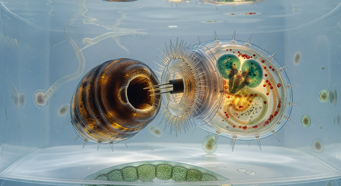 In the cold, cathedral stillness of a thin water film clinging to wet moss, two organisms the length of a dust mote are locked in a moment that will decide one of them. The luminous, lantern-bodied rotifer on the right — its ciliary corona mid-beat, its internal ovaries glowing jade through a transparent body wall — belongs to the phylum Rotifera, filter-feeders so ancient and so successful that bdelloid lineages abandoned sexual reproduction entirely, yet here the strategy of passive gathering meets its limit: *Milnesium tardigradum*, the apex predator of this microscopic ecosystem, presses its fully gaped circular mouth and extended stylet lancets — each one a biological hypodermic 15 to 50 micrometres long, driven by a muscular pharyngeal bulb lined with chitinous placoids — hard against the rotifer's pellicle, dimpling it inward in a crescent of compressed, intensified light. At this scale, the surrounding water is not empty space but a medium of genuine physical consequence: surface tension curves the capillary menisci at the frame's edges into slow glass walls, dissolved organics bend transmitted light in barely perceptible refractive waves, and viscous drag makes every movement a negotiation with the fluid itself rather than a passage through it. What the eye reads as a confrontation between two creatures is also a collision between two ecological strategies — one built on continuous filtration and near-eternal dormancy potential, the other on stylet-driven predation and the pitiless hydraulics of a pharyngeal pump that will, in moments, breach that glowing wall and begin to drink.