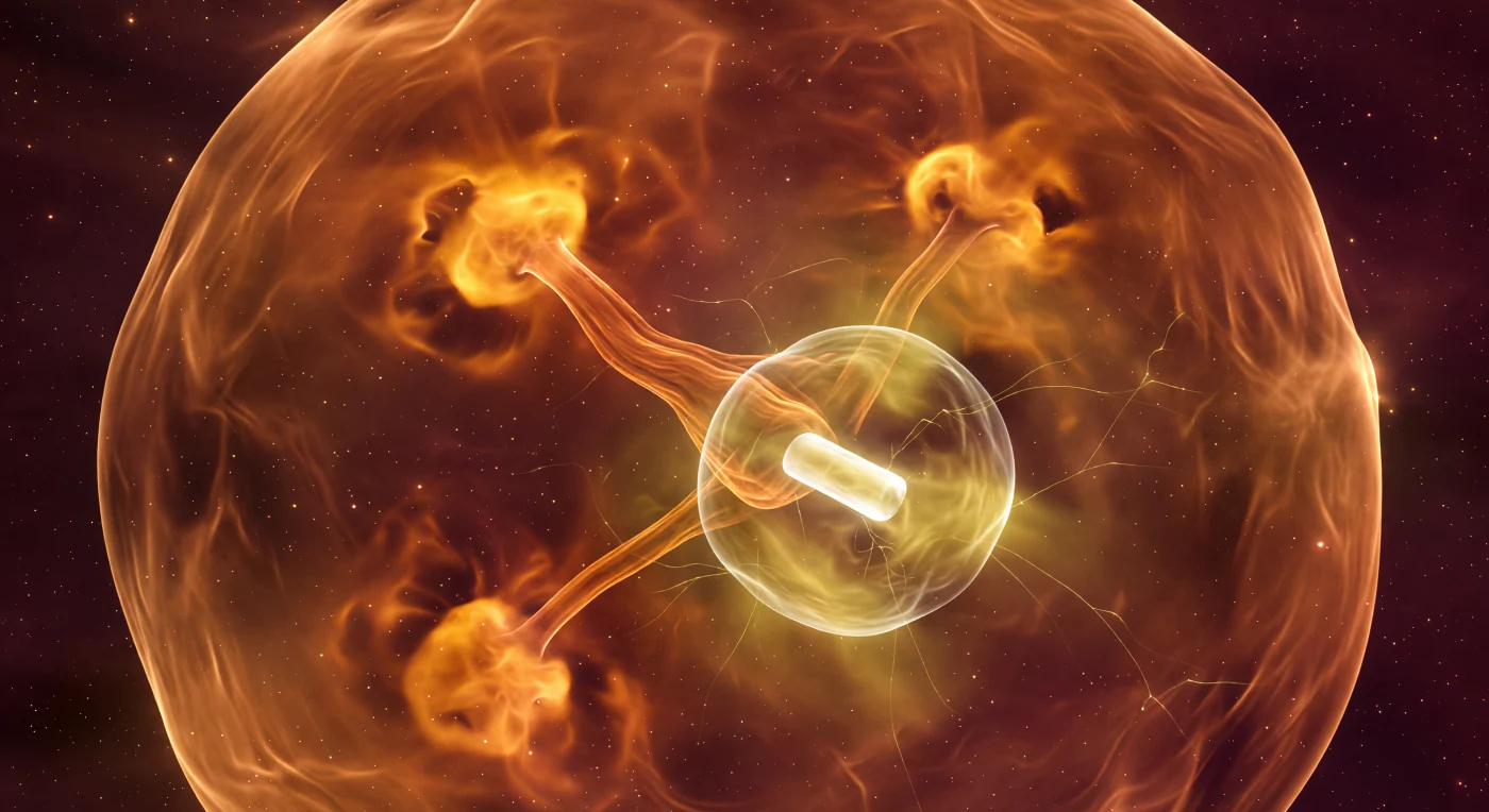 You are suspended inside a structure that should not exist — a fleeting, asymmetric cathedral of chromodynamic pressure whose amber walls curve overhead and tremble at their edges, flickering with the irregular pulse of a system already coming apart. The dominant enclosure is the proton bubble, its warm interior suffused with tangerine and burnt sienna haze through which three dense valence nodes burn like knots of concentrated fire, joined by a Y-shaped ridge of collimated flux — a physical rope of plasma-orange light whose braided surface ripples with longitudinal texture, the visible signature of the QCD string tension binding color charges at roughly a tenth of a millionth of a billionth of a meter. Pressed against the inner wall, interpenetrating it in a crescent of strained citrine luminescence, the charmonium inclusion floats like a cold jewel: its charm-anticharm pair locked together by a near-white flux tube so tightly bound it appears almost solid, its harder geometry a direct consequence of the charm quark's greater mass and correspondingly shorter confinement radius. Gossamer threads of multi-gluon exchange drift through the shared boundary, barely distinguishable from the ambient vacuum noise — that deep burgundy-violet ground-state that seethes with virtual pair condensations flickering at the limits of perception, each a quantum fluctuation completing its entire existence before the strong interaction has time to cross the structure once. The asymmetric outer boundary shivers and dims unevenly on one side, geometry lopsiding with each pulse, the whole extraordinary compound object dissolving even as you witness it.