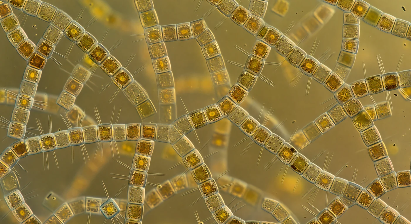 You are suspended inside a living fog of glass and gold, every direction occupied by cylindrical silica towers — *Skeletonema costatum* cells linked end-to-end by radiating arrays of fultoportula struts, each rod a needle of cold clarity catching diffuse light against the warm amber haze that fills every sightline. The illumination has no source: surface sunlight, filtered down through millions of fucoxanthin-laden chloroplasts, has been scattered, partially absorbed, and re-emitted so many times that the water column itself glows from within, a saturated amber-green radiance arriving equally from all directions and eliminating shadow almost entirely. Visibility collapses within half a millimeter, distant chains dissolving into the luminous haze before they can resolve, because the medium between them is not open water but a colloidal soup of extracellular polysaccharides, dissolved pigment, and bacterial cells — dark rod- and comma-shaped forms coating nearly every frustule surface in a dense organic mat that absorbs light where clean silica would scatter it. This is a spring bloom at its peak: a community of single-celled photosynthesizers dividing every twelve to thirty-six hours, knitting the upper ocean into an open ribcage lattice of biogenic silica that stretches, without interruption, in every direction — claustrophobic, gorgeous, alive in every cubic micrometer.