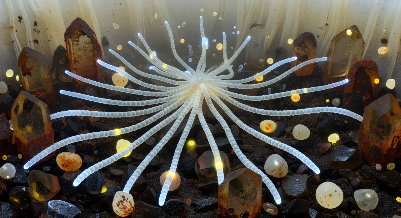 Before you stretches a landscape that has no business existing at the scale of a sand grain, yet here it is in full geological grandeur: a branching fan of living filaments advances across a canyon floor of amber quartz monoliths and tar-black organic mortar, each hyphal tip pressing forward with a cold blue-white cytoplasmic glow that is the only light this world has ever known. The advancing front belongs to an arbuscular mycorrhizal fungus in the act of colonizing virgin soil, its extraradical mycelium extending outward from a central runner hypha in a river-delta formation — older segments behind the front strung like chains of clouded glass beads where large vacuoles interrupt the cytoplasm at intervals of twenty to forty microns, younger segments near the tips dense and opaque with organelles, rounded like blind worms testing the dark. Where hyphae thread through narrow soil pores between mineral grains they deform slightly into oval cross-sections, their glow concentrating at the constriction as cytoplasm squeezes forward, while others span open macropores freely like suspension cables between cliff faces, coated in moisture films only microns thick. Scattered across the midfield, pale cream-colored calcite grains are being chemically dismantled at points of hyphal contact — orange-yellow dissolution haloes of oxalic acid chemistry pit and frost the mineral surfaces, a warm sulfurous glow working against the cold biological luminescence in a transaction that transfers mineral phosphorus into living tissue. Far in the background, barely resolved through layers of soil particle and organic film, a vast curved wall of root-hair epidermis rises like a destination continent, its cellulose-fibril texture enormous and cliff-like, organizing every tip's trajectory into something that feels less like growth and more like biological urgency written in living architecture.