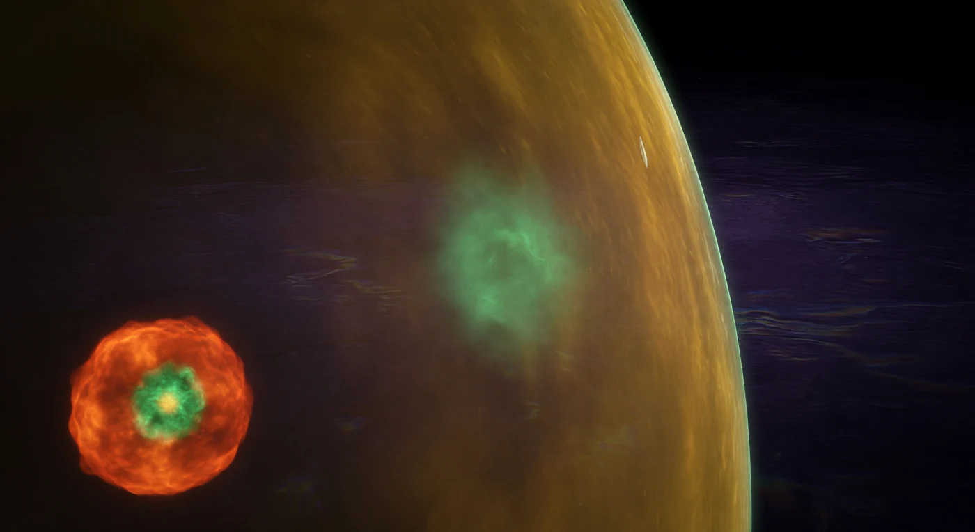 From twenty femtometers out, the scene resolves into three worlds held in uneasy simultaneity: a compressed furnace of deep orange-red nuclear matter anchoring the left — radium-226, eighty-eight protons and one hundred thirty-eight neutrons crushed into a volume barely ten femtometers across at nuclear-matter densities of 2.3 × 10¹⁷ kilograms per cubic meter — while a vast hemisphere of amber-gold Coulomb barrier curves overhead like a dome of pressurized resin, its warmth deepest at the nuclear surface and bleaching toward pale gold at the outer lip where it dissolves into vacuum. Nested within that incandescent mass, a coherent alpha cluster — two protons and two neutrons bound into a helium-4 substructure — blazes in concentrated emerald, and by the logic of quantum tunneling it simultaneously inhabits the barrier itself as a jade mist exponentially attenuated with distance, its wavefunction decaying through classically forbidden space according to the Gamow factor, the amplitude collapsing across each femtometer of barrier thickness. Where the barrier ends, an almost imperceptible pale-mint shimmer clings to the outer vacuum, so faint it reads as a trick of the eye — and that extreme attenuation is not aesthetic choice but precise physics, encoding in visual terms the 1,600-year half-life that follows from the near-vanishing transmission probability of the tunneling integral. The darkness beyond is not empty but textured with the faint iridescent sheen of the QCD ground state, a vacuum that carries genuine energy density and presses back against everything that moves through it.