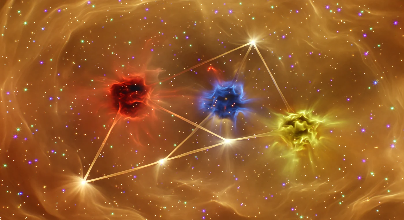 Inside the resting proton, three blazing quark-like nodes drift through a glowing amber haze that seems to radiate from everywhere at once, with no horizon, edge, or external light source. Fine flux tubes bind them in shifting triangular paths, tightening and rerouting as the strong force confines color charge and continually reshapes the field between them. The surrounding medium is not empty space but a seething quantum vacuum, alive with brief paired flashes of particle and antiparticle energy that bloom and vanish in complementary colors. The result feels like floating within a warm, self-illuminated storm of matter and force, where solidity gives way to restless field dynamics and every direction remains boundless.
