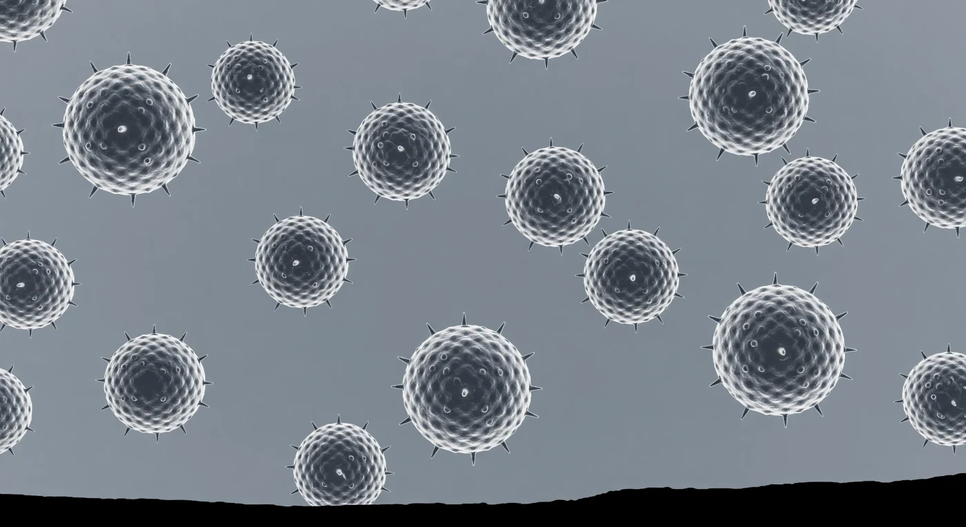 You are suspended in a medium that is not quite solid and not quite nothing — vitrified water, shock-frozen in milliseconds, arresting every molecule mid-motion into a glass that transmits electrons as faithfully as it once transmitted light. Scattered across this featureless grey-silver expanse, icosahedral virions sit embedded in the ice like sunken cathedrals, their capsid surfaces resolved with hallucinatory precision: pentameric and hexameric capsomers arranged in geodesic arrays across each faceted hull, every raised knob four to eight nanometers in relief, the geometry of self-assembly laid bare without shadow or chromatic distortion, rendered purely in the language of electron density — deep charcoal where protein mass is thickest, pale bone-white where the vitrified film thins toward nothingness at the carbon foil's edge. On some particles, trimeric glycoprotein spikes project outward from a faint double-dark lipid bilayer ring, each stalk individually resolved, separated from its neighbors by distances that, at your scale, feel like open country. The carbon foil at the frame's periphery simply ends the world — a sheer black escarpment dropping into absolute vacuum — while between the particles the ice stretches as a vast, sterile tundra in which every Brownian displacement, every diffusing ion, every thermal tremor has been locked permanently into place, the molecular violence of room temperature converted, in the span of milliseconds, into permanent and perfect silence.