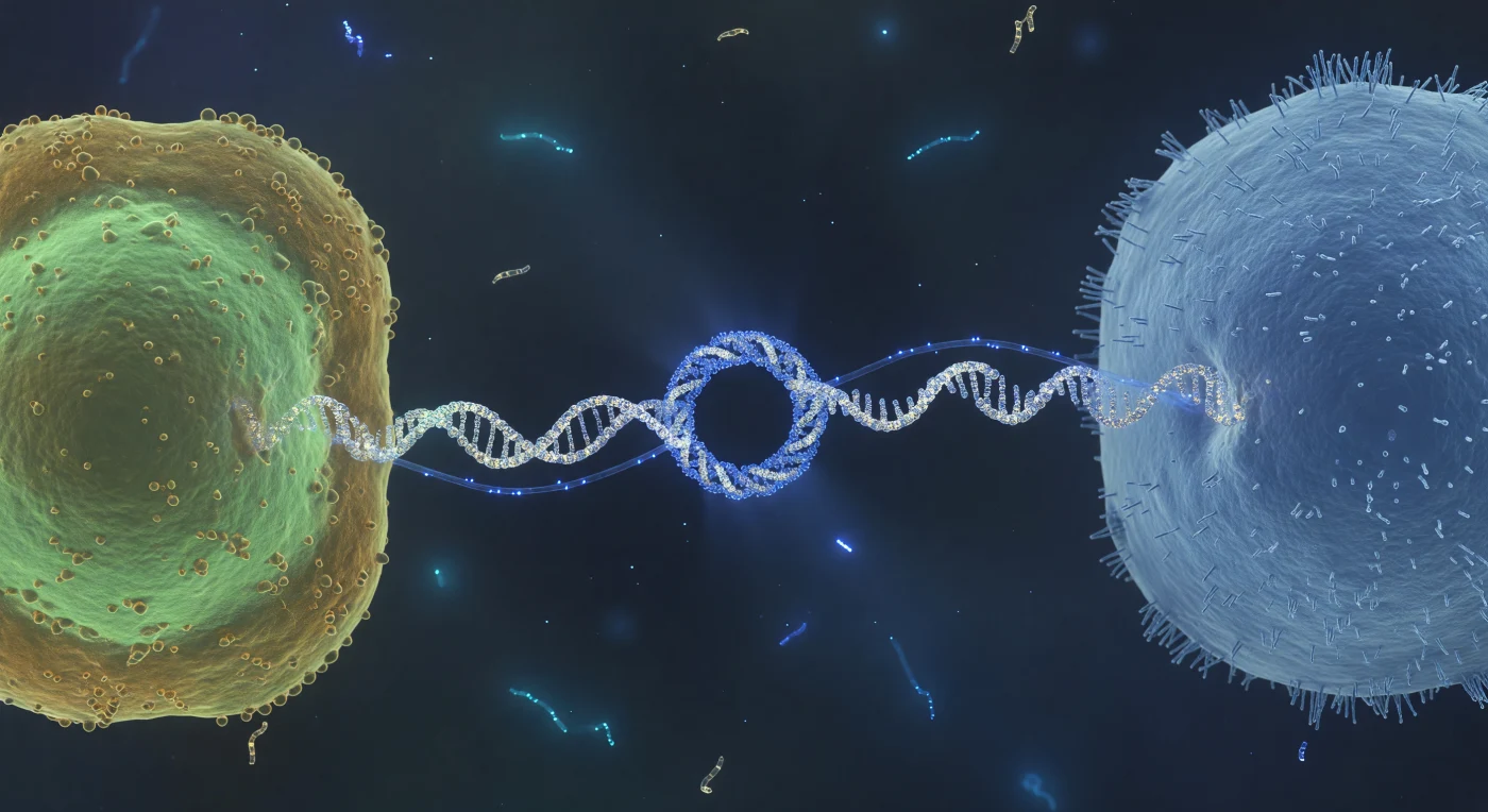 You hover at the midpoint of something that should not exist at this scale — a taut, luminous cable no wider than eight protein subunits, stretched across the gulf between two living worlds. The pilus is a conjugative type IV structure, a helical polymer of pilin subunits assembled and extended through the donor's inner and outer membranes, capable of retraction as well as extension, its architecture evolved not for locomotion but for molecular intimacy: it draws recipient and donor into direct membrane contact, collapsing the distance until the conjugative pore — a 20-nanometer docking annulus of multiprotein relaxosome and mating-pair stabilization complexes — aligns across both envelopes and opens a channel through which a single-stranded DNA copy of the plasmid threads, nicked at its origin of transfer and piloted by a relaxase enzyme covalently bound to its leading end. What moves through that channel now is not passive diffusion but a directed, ATP-powered translocation event — the electric-blue filament pulsing from donor to recipient is a strand of mobilizable DNA crossing a biological border in real time, carrying cargo that may include antibiotic resistance genes, virulence factors, or metabolic innovations, a horizontal transfer event of the kind that has reshuffled bacterial genomes across geological time. In the surrounding fluid, the low Reynolds number regime makes the aqueous medium feel viscous and absolute, thermal fluctuations registering as a ceaseless molecular tremor at every surface, while the ghostly cyan wisps drifting in the far background — free plasmid fragments or degraded nucleic acids tumbling under Brownian bombardment — remind us that this intimate handshake unfolds inside a molecular ocean where information and material are always in motion, always available to be captured.