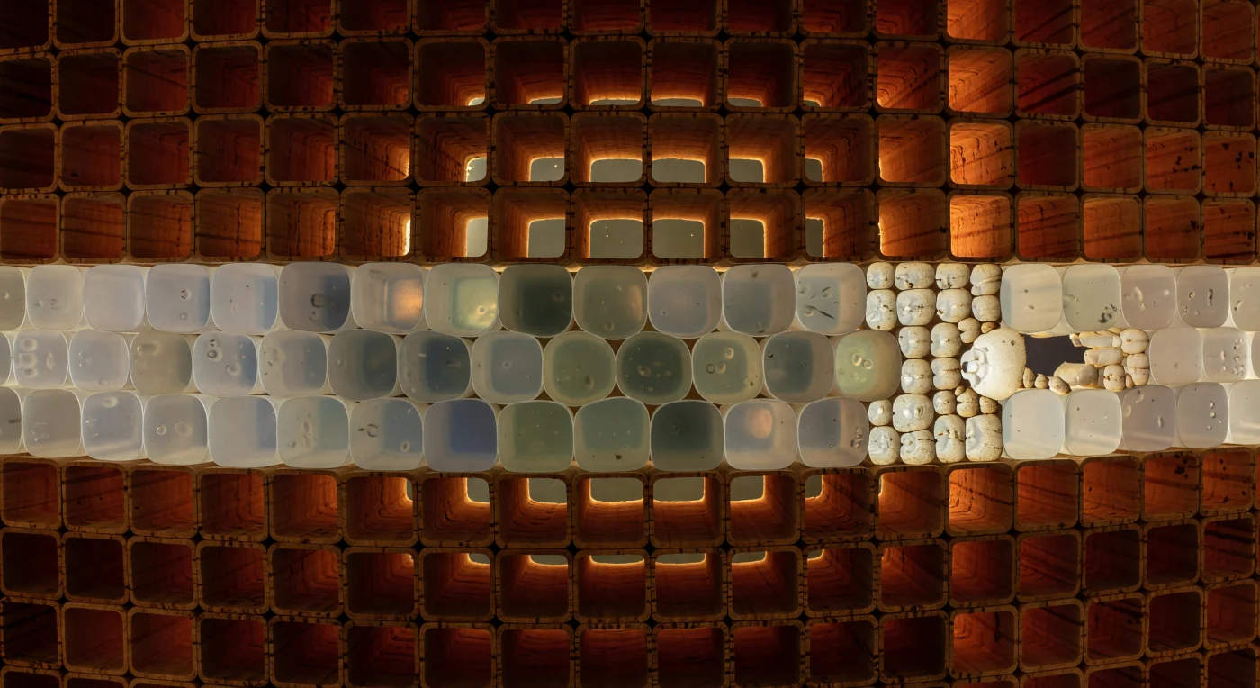 You are standing inside the layered skin of a tree, oriented radially inward, surrounded by rank upon rank of dead cork cells whose suberized walls glow with the warm mahogany-amber of old resin — each one a sealed hexahedral chamber, its lumen a lightless absolute void, the suberin lamellae laid down by a cell that completed its own construction and then vacated entirely, leaving nothing behind but the architecture. These are the cells of the periderm, produced outward by the phellogen, a lateral meristem that generates cork toward the bark surface and phelloderm parenchyma inward, the whole system replacing the epidermis once secondary growth begins and the stem circumference expands beyond what a single outer layer can contain. The cork walls are chemically extraordinary: suberin is a polyester-lipid composite, hydrophobic, nearly impermeable to water and gases, cross-linked into lamellae that resist enzymatic digestion — it is, functionally, biological waterproofing and armor simultaneously, and its amber coloration intensifies with age and impregnation depth, the outermost cells rendered almost sienna in the oldest layers. Ahead of you, the fortress breaks: the phellogen stratum appears as a single translucent sheet of living cells, thin-walled and faintly luminous, the only dividing layer in this entire system, generating dead cork outward and living phelloderm inward in a slow annual rhythm invisible at any scale other than this one. Off to one side, the sealed geometry dissolves into a lenticel — a channel of loosely packed, incompletely suberized complementary cells where the otherwise impermeable periderm admits gas exchange, an exhaling wound in the wall through which the living tissue inside communicates, however faintly, with the atmosphere outside.