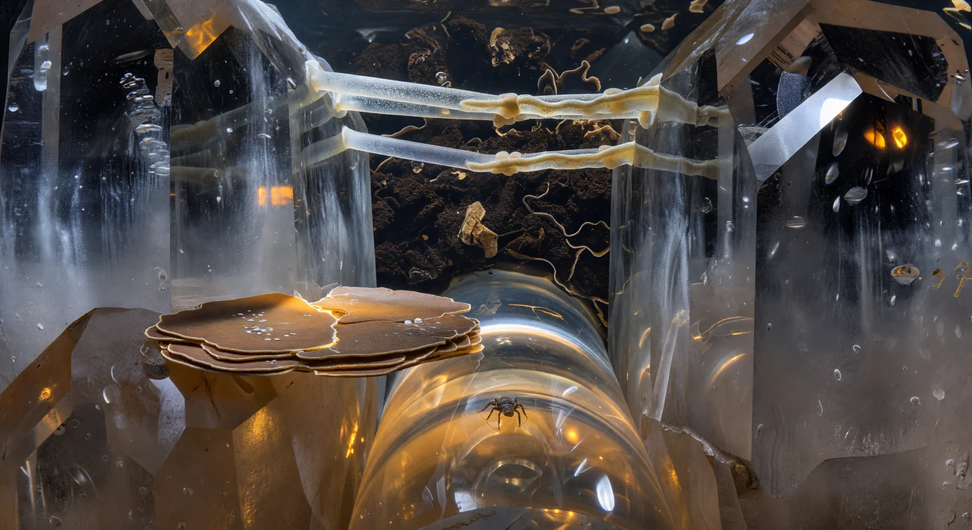 You are suspended at the threshold of a cathedral passage between two immense quartz boulders, your eight stubby legs gripping crystal faces through a meniscus skin of capillary water, surface tension the dominant force holding you to the mineral world rather than any meaningful pull of gravity. The quartz walls rise around you like cliffs of frosted obsidian and pale smoky glass, their conchoidal fracture faces catching diffuse transmitted light from above and refracting it into cold blue-white shards and amber internal glows that pulse through ancient mineral inclusions deep within the crystal matrix. Overhead, two fungal hyphae span the passage like translucent rope bridges of ivory-gold, their cytoplasm a faint granular shadow within glassy tubular walls, while beyond them a dense plug of dark humus seals the far tunnel in near-absolute blackness, its surface a crumbled labyrinth of collapsed organic matter and tannin-stained fragments. Clay platelets jut from the quartz base in laminated ochre shelves, bacterial biofilms glinting as smooth reflective patches against matte mineral texture, and at every water contact point curved menisci catch the light as bright crescent arcs — the physics of adhesion and viscous drag ruling this world entirely. What reads subjectively as an immense cave system of staggering internal complexity is, in physical reality, a soil pore space measured in tens to hundreds of microns, close and vast at once, a universe compressed into the dark architecture between grains.