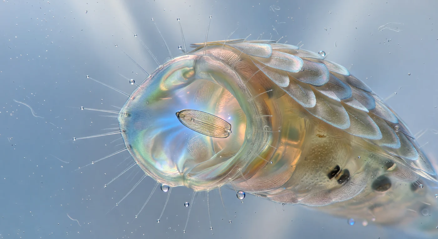 You are hovering microns from the face of an animal that has no right to look this monumental — a Chaetonotus gastrotrich in the act of feeding, its triradiate pharynx wrenched to maximum dilation, three muscular sectors splayed open like the petals of a carnivorous flower to form a triangular aperture barely fifteen microns across, yet framed so closely by transmitted blue-white light that it fills your entire visual field the way a cathedral rose window fills a nave. At the centre of that gape, a Navicula diatom frustule is already half-consumed, its silica hull glowing gold-tan and warm honey, its fine raphe striae still legible along the boat-shaped valve even as one blunt pole vanishes into pharyngeal darkness — a feeding strike unfolding in tens of milliseconds, driven by striated musculature whose tightly packed fibers read as rose-and-silver wood-grain under this collimated illumination, the whole system a pressurized hydrostatic pump refined across five hundred million years of meiofaunal evolution. Encircling the mouth, twenty buccal cilia project outward in a frozen metachronal halo, each hyaline rod tipped with an interstitial water meniscus that refracts the transmitted light into pinprick flares of violet and ice-blue, while behind them the dorsal cuticle recedes in overlapping rhomboid scales whose razor-thin keels produce thin-film interference in cold silver and dilute cobalt — structural iridescence compressed into geometry measured in single microns. The surrounding water is not empty but atmospheric, threaded with bacterial fragments, colloidal EPS strands, and mineral dust drifting like smoke frozen in glass, giving the open space between you and that dilated pharynx a depth and consequence entirely disproportionate to its physical size.