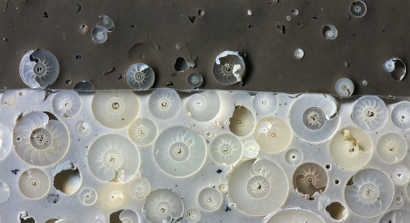 You are pressed flat against a freshly cleaved face of deep-sea sediment like an observer pinned to a cliff of compressed geological time, the cut surface stretching before you in two worlds divided by a single, nearly horizontal line less than a millimeter thick. Below that boundary, the sediment glows pale cream and ivory — a densely packed mosaic of foraminifera tests sliced open at every angle, their internal calcite chamber walls curving in perfect spirals, each foraminal opening a small dark hollow in a crystalline partition, the surrounding matrix a fine white powder of coccolithophore debris that catches the cool light with a faint birefringent shimmer of pale gold and silver where fresh crystal faces were exposed by the cut. Above the boundary, everything shifts abruptly to deep brownish-grey clay, matte and light-absorbing, where fewer foram tests survive and those that remain are ghost versions of their former selves — walls thinned and translucent, sutures widened into open grooves, pore walls ragged where carbonate dissolution retreated the calcite crystal by crystal over thousands of years. Scattered through this darker zone, tiny black triangular shards of phosphatic fish teeth lie pristine and geometrically sharp, chemically inert and utterly indifferent to the dissolution that consumed the carbonates around them, their resistance a quiet record of the ocean chemistry that defined this moment. This boundary is not merely a color change but a preserved threshold in Earth's climate history — the transition from a warm interglacial ocean saturated with calcium carbonate and alive with calcifying plankton, to a colder glacial interval where deepwater corrosivity rose and the seafloor began dissolving what life had built.