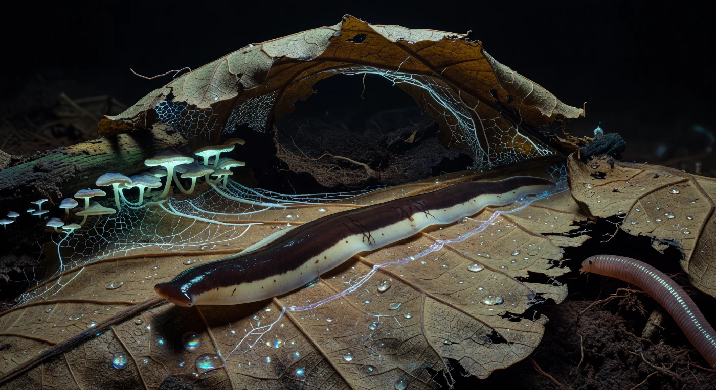 You are pressed flat against the underside of a decomposing tropical leaf, your entire ribbon body — twelve centimeters of chocolate-brown and cream-banded tissue — conforming without resistance to the microtopography of collapsed veins and white fungal hyphae, reading the substrate through a thin film of your own mucus while the only light in this absolute forest-floor darkness comes from bracket fungi thirty millimeters to your left, pulsing cold blue-green bioluminescence that catches every moisture droplet as a prismatic lens and throws the hyphal lattice into sharp low-relief shadow. *Bipalium kewense* is a land planarian — a free-living platyhelminth that abandoned aquatic life for the saturated chemistry of tropical leaf litter, moving by muscular undulation across surfaces it grips with adhesive glands, its hammer-shaped head sweeping in slow lateral arcs as chemosensory margins parse molecular gradients that its diffuse nervous system processes not as thought but as turning. The earthworm emerging at the frame's far edge — its annular segments each the width of your entire body, its skin surging in visible peristaltic rings — represents a prey item you will subdue by everting your pharynx directly through your ventral surface, secreting digestive enzymes externally before ingesting liquefied tissue, a feeding strategy unchanged in its fundamentals since the earliest bilaterians moved across Ediacaran seafloors. Behind you, a thin iridescent line of mucus catches the bioluminescent light — the only record that anything has moved here at all, already being colonized by the same microbial decomposers that are slowly returning this entire leaf to soil.