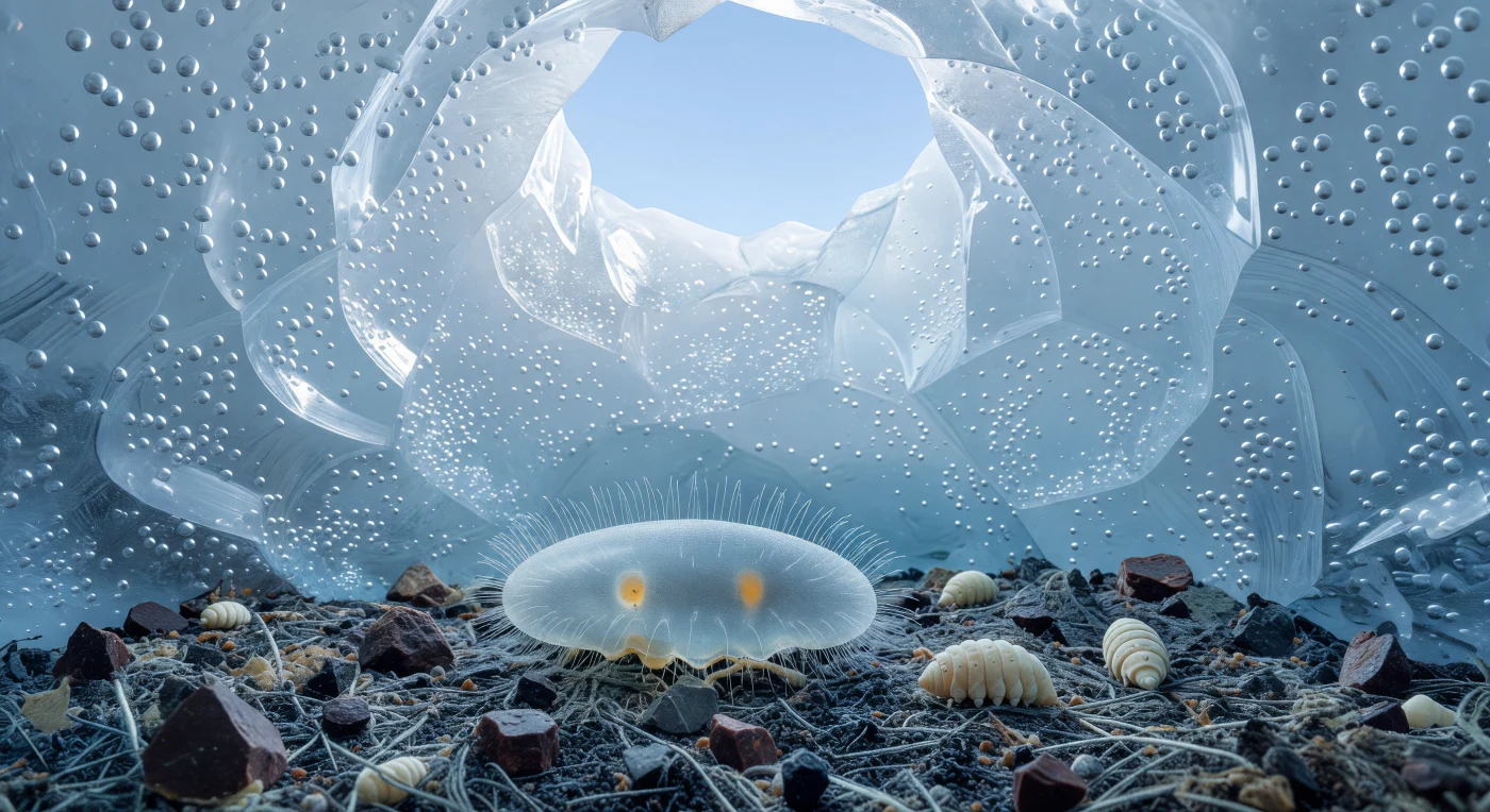 You are suspended just above the floor of an Arctic cryoconite hole, a near-perfect cylindrical chamber melted into glacier ice by the heat-absorbing dark sediment at its base, its walls rising around you in a cathedral vault of ancient compressed ice glowing cerulean-white from within — the light not reflected but diffused inward through millions of microscopic bubble inclusions sealed like silver pearls in the crystal lattice, each one scattering the column of soft polar illumination falling from the circular sky-disc far overhead. Beneath you, the cryoconite mat is a dense woven landscape of near-black cyanobacterial filaments interlocked with angular mineral grains the color of rust and iron, a compressed biogenic sediment that functions as the thermal and biological engine of this entire isolated community. Your bdelloid body moves slowly across this surface — elongated, pale, translucent — corona cilia beating in sluggish metachronal shimmer at the reduced frequency of cold-metabolic suppression, each stroke catching the omnidirectional blue-white radiance as a faint silver filament before folding back, the amber glow of your gastric glands warm against the overwhelming ice-cold palette of the chamber. Nearby, opaque cream-white tardigrades sit motionless as ceramic barrels against the sediment, and below everything the cyanobacterial mat holds the community together, fixing carbon and nitrogen in a sealed system that has been cycling through the same ancient ice-water for seasons, perhaps centuries — a time capsule of slow life enclosed in a vault of frozen light.