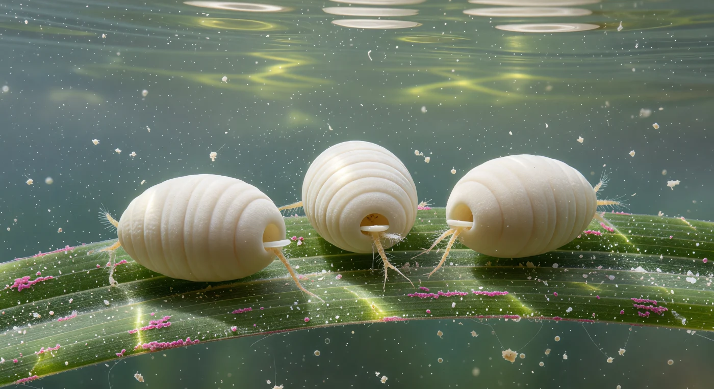 You drift at the level of a single *Posidonia* leaf, and the world before you is defined by three enormous ivory monuments rising from a green and pink plain — *Quinqueloculina seminulum* tests, each an elongated ovoid of dense, imperforate porcelaneous calcite whose cream-white walls scatter light rather than transmit it, giving them the opaque, matte solidity of unglazed ceramic rather than anything glassy or translucent. Their surfaces are wrapped in the characteristic quinqueloculine suture ridges — smooth seams spiraling around each test in offset planes, the calcite needles packed randomly into a tight fabric that catches the slow caustic sweeps of refracted surface light as a faint silky sheen, each ridge casting a shallow shadow and holding a thin highlight along its crest, so the whole body reads as precise mineral topography. From each aperture, framed by a small projecting tooth of pale calcite, stubby amber reticulopodia extend outward — granular with streaming endoplasm, branching into fine tendrils that make contact with the biofilm coating the seagrass blade below, probing for the bacteria and organic particles that constitute their food in this shallow, sun-warmed coastal sea. Beneath the tests, encrusting coralline algae paint the older portions of the leaf in knobbled magenta and pink, their calcified surfaces offering a vivid textural and chromatic contrast to the smooth ivory walls resting upon them, while the seagrass veins run beneath everything like low topographic rails, trapping angular quartz grains that glint in the green-lit water. Above, the sea surface shimmers as an undulating silver-green ceiling, its light threading down through five meters of warm water to illuminate this dense, mineral, utterly precise world at the boundary between the living leaf and the open sea.