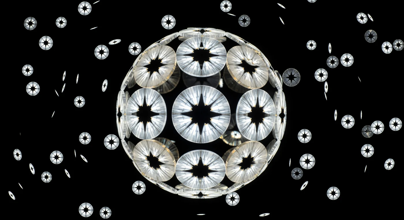 Before you, suspended in a void of absolute black, a coccosphere blazes like a captured star — fifteen interlocking calcite wheels arranged into a near-perfect sphere, each coccolith erupting with birefringent fire under cross-polarized light, the classic Maltese cross extinction pattern sweeping across every plate in velvety black while the surrounding crystal domains burn in first-order white of almost physical density. At the thickened spoke rims and raised distal shield edges, thin-film interference lifts the palette fractionally into pale champagne and warm ivory-gold, the only concession to color in an otherwise achromatic spectacle. Drifting outward in every direction, shed coccoliths tumble in imperceptible Brownian drift — each an elliptical calcite wheel just a few micrometers across, architecturally ornate, some edge-on as luminous slivers, others face-on to reveal the full crystallographic symmetry of their spoke geometry, their open central area framing what reads as a window into a microscopic cathedral. These plates are not passive shells but biologically precipitated calcite, grown one calcium carbonate ion at a time inside specialized vesicles within the living cell, the crystal orientation of each radial unit genetically controlled to produce precisely this optical signature. You float among them with no body and no instrument — only attention — adrift inside a chandelier assembled by a single-celled organism in cold, dark water, its geometry encoding both a life strategy and, grain by grain across geological time, the raw material of chalk cliffs.