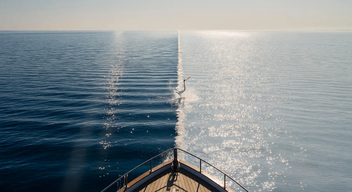 Standing at the bow rail, you look almost straight down at one of the sharpest natural boundaries visible anywhere on Earth's surface: to port, an abyss of indigo-cobalt water so transparent that afternoon light plunges meters into it and returns nothing but depth; to starboard, a body of water that reads as something between liquid and mineral — chalky, opaque, turquoise-white, emanating a diffuse pearl-bright luminescence that seems to originate from within the water column rather than from its surface. That glow comes from tens of billions of individual *Emiliania huxleyi* cells, each no larger than a human red blood cell, armored in interlocking calcite plates just two to four microns across that tumble freely and scatter incoming photons in every direction simultaneously, turning the upper water column into a living diffusion lens. The boundary between the two water masses — one ancient and empty of this white alchemy, one dense with microscopic geometric armor — is almost surgical, perhaps two meters wide, organized along its length by Langmuir circulation into parallel foam windrows that mark where the two regimes shear against each other in slow surface eddies; a gannet punches through exactly at that line and erupts a geyser of milk-white water that catches the low-angled sun before the surface closes and the bird vanishes into the bloom. The air carries the faint sulfurous sweetness of dimethylsulfide off-gassing from stressed cells, a scent that connects what the eye sees — a pastel planetary bruise stretching to the horizon — to chemistry happening inside organisms invisible to the naked eye and to the cloud-seeding, climate-altering consequences that follow from their collective death.