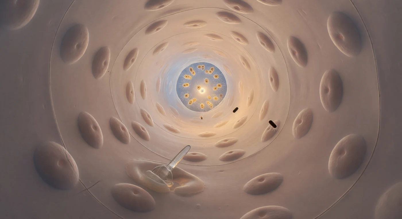 You are suspended at the entrance of a living conduit, gazing down a gently curving cylinder of flesh and fluid whose far end glows with the warm amber light of a choanocyte chamber — a small, burning aperture that anchors your perspective the way a candle anchors a dark room. The walls enclosing you are built from endopinacocytes pressed impossibly flat against the underlying mesohyl, their surfaces polished and faintly translucent, interrupted only by the soft dome of each nucleus rising like a submerged stone beneath wet silk, and by the hairline seams where cell margins meet in nearly invisible junctions. Here, water does not flow so much as it is persuaded forward: at this diameter, viscosity reigns absolutely, and the Stokes-regime current carries its passengers — rod-shaped bacteria drifting past like lacquered cylinders, one tumbling end-over-end as Brownian noise briefly claims it before the laminar flow reasserts its patience — without turbulence, without urgency, with a quality closer to procession than motion. Embedded in the lower wall, a spicule of calcium carbonate catches transmitted light along its entire length, and pressed against its base, an amoeboid archaeocyte deforms around the obstacle in slow, warm increments, cytoplasm bulging through a cell junction as it migrates through tissue that has been filtering ocean water through passages exactly like this one for the better part of six hundred million years. Behind you, cold blue-white ocean light floods through the canal mouth; ahead, through the prosopyle no wider than five microns, the choanocyte chamber blazes with the collective industry of dozens of flagellating cells whose beating, were sound possible here, would be the quietest and most ancient whisper in animal history.