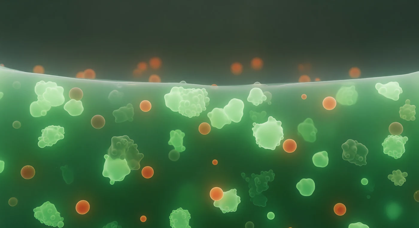 You are suspended inside a stress granule — a membraneless organelle that assembles by liquid-liquid phase separation when the cell halts translation under stress, concentrating RNA-binding proteins and stalled messenger RNAs into a viscoelastic condensed phase distinct from the surrounding cytoplasm. The world around you is an emerald luminescence with no single source: G3BP1 protein, a nucleating scaffold of stress granule assembly, saturates the medium at concentrations far exceeding those of the dilute cytoplasm just beyond, and its GFP fluorescence fills the interior with a cool, diffuse glow that thickens with distance into an impenetrable jade opacity. Closer and farther, mRNA-protein clusters materialize as brighter nodes — not hard objects but local intensifications where RNA and low-complexity domain proteins have co-condensed further, pooling into denser microdomains within the already-dense matrix — while warm amber-orange TIA1-rich co-condensates drift in slow suspension, their surfaces shimmering where two distinct liquid phases meet at an ultralow interfacial tension. Far ahead, the condensate boundary declares itself as an abrupt precipice, a sharply curved interface where the entire luminous green world drops into near-nothingness in a distance of only tens of nanometers — the physical signature of phase separation, a thermodynamic horizon separating two coexisting states of the same cellular matter.