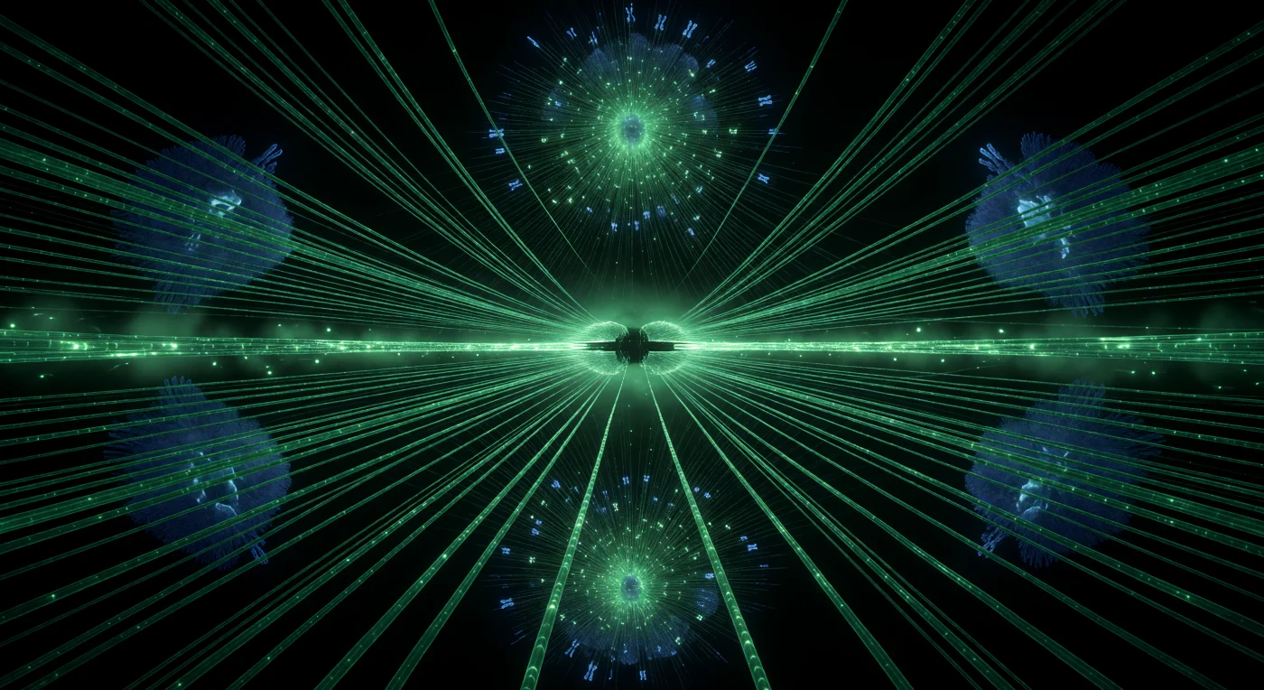 You are suspended at the exact center of a dividing cell during anaphase, and surrounding you in every direction is a cathedral of electric-green light — the mitotic spindle rendered in fluorescent tubulin, its microtubule cables radiating from two blazing centrosomal poles far above and below like the rigging of some vast biological machine under full tension. The kinetochore fibers are the most dramatic structures: thick, taut, intensely luminous bundles of polymerized tubulin, each one locked onto a chromosome mass and pulling it poleward with measurable force, the blue-violet chromatin receding into the polar glow like storm clouds retreating into twin suns. Directly at your level, the midbody cuts across the visual field as a bar of concentrated white-green fire — the antiparallel overlap zone where interpolar microtubules from opposite poles interdigitate and are cross-linked by motor proteins including the kinesin Eg5, so densely packed with tubulin that it outshines the rest of the spindle — while all around you, interpolar fibers cross in overlapping diagonals, forming a three-dimensional lattice of living polymer through which you float weightless. Beyond the spindle's glow, the cytoplasm is absolute black, yet not empty: macromolecular crowding at 300–400 mg/mL scatters the microtubule fluorescence into soft aureoles of milky green mist at every fiber's edge, giving biological mass to the darkness and reminding you that this entire luminous architecture — chromosome segregation, spindle tension, the midbody's fire — is a protein machine operating in real time, measured in minutes, inside a space you could cross in a single human stride.