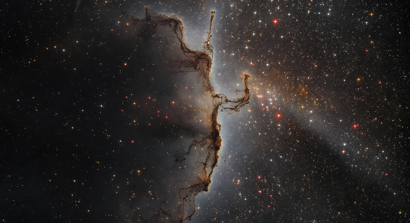 At the razor-edge of Barnard 68, you stand at one of the most absolute boundaries in the local galaxy — a wall not of stone or vacuum but of accumulated molecular dust so dense that thirty magnitudes of extinction swallow starlight whole, erasing photons that have traveled thousands of light-years only to vanish in the final fraction of a light-year. The surrounding galactic star field performs its slow chromatic surrender across the globule's margin: ivory stars shifting to amber, then burnt orange, then blood-crimson, then nothing, each color step a legible record of increasing dust column density as polycyclic aromatic hydrocarbons fluoresce faintly along the outermost tendrils under the attenuated ultraviolet of the interstellar radiation field. The boundary itself is not a smooth surface but a torn and three-dimensional terrain — fine dark filaments curling outward from the main mass like ink threads suspended in still water, their thinnest reaches still permitting the ghost of a deep-red star to bleed through at column densities just short of total opacity. Inside, sealed from starlight and chemistry-altering radiation, cold molecular gas at roughly ten Kelvin collapses in silence across timescales measured in millions of years, building toward the density thresholds where gravity will eventually overwhelm turbulent pressure and ignite a new star — making this dark edge not an ending but the most patient kind of beginning.