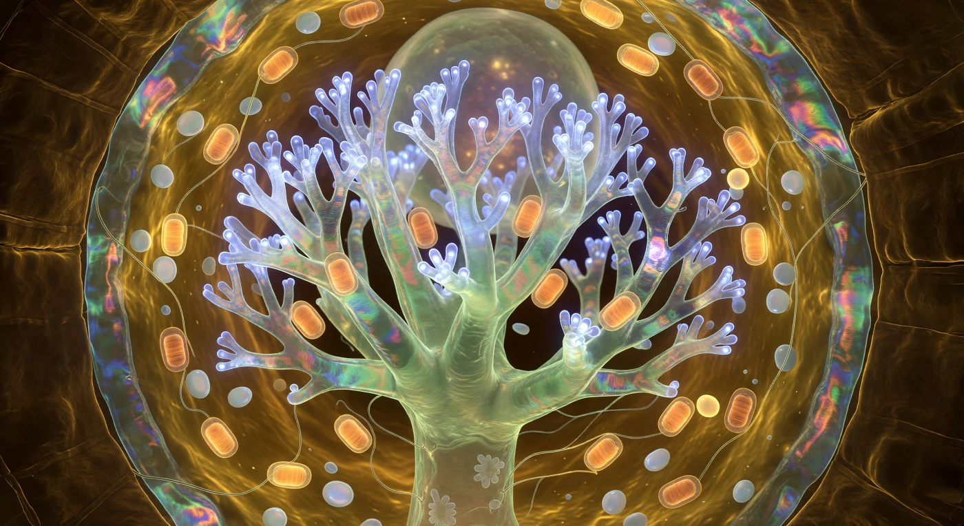 You float inside a living cell whose interior has become a cathedral of cold metabolic light, the arbuscule rising before you as an inverted coral forest of translucent jade-ivory, branching upward through recursive dichotomies until the terminal branchlets — each barely half a micron across — dissolve into a trembling haze of electric cobalt-white as phosphate transporter proteins cycle through their conformational states in massed, shoulder-to-shoulder unison across every square nanometer of the surrounding periarbuscular membrane. This double-membrane interface is the operational heart of the arbuscular mycorrhizal symbiosis: the fungal cell and the host root cortical cell never actually touch, remaining always separated by this taut amber-to-teal-iridescent film through which phosphate ions move outward into the plant and photosynthate flows inward to the fungus, an exchange so relentless that its energetic cost draws clusters of cigar-shaped mitochondria against every major branch like amber lanterns, their chemiosmotic respiration casting halos of warm orange-gold into the surrounding viscoelastic cytoplasm. Beyond the mitochondria, pearlescent amyloplasts drift through that golden cytoplasmic gel like opalescent river stones, refracting the bioluminescent blue into pale prismatic smears, while the cell wall curves at every horizon as a massive dark amber rampart — its crossed helical arrays of cellulose microfibrils catching the arbuscular glow at low angles and revealing a carved, vaulted topography. There is no external light source here; every photon you perceive is metabolic, emitted by the chemistry of an exchange that has been sustaining forests since before the first trees existed, and the entire glowing architecture around you — this single cell, this single arbuscule — is one node in a network that may span hectares of living soil above.