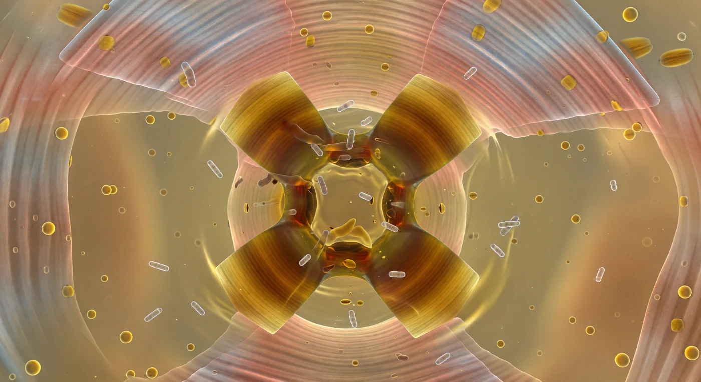 You are suspended at the geometric center of a crushing machine forty micrometers across, though every surface curving overhead reads to your scaled senses as the vaulted interior of a cathedral. Three wedge-shaped plates of electron-dense cuticle — laminated like polished horn, their beveled edges splitting the diffuse amber light into faint tortoiseshell interference fringes — sweep inward along radial seams, slamming together in a triradiate Y-lumen that concentrates pharyngeal fluid into violent viscous sheets, displacing shattered bacterial ghosts and spherical lipid droplets through a medium too thick and protein-laden for anything to settle cleanly. The chamber walls are living architecture: striated muscle bundles arc overhead in Romanesque ribs, each sarcomere visible as a pale-dark alternation in translucent salmon cytoplasm, with a blue-silver iridescence where actin and myosin lattices are in register and a warm rose relaxation where they are not — the whole driven by roughly 250 grind-strokes per minute, a rhythm maintained by the pharynx's own pacemaker neurons with no input from the brain. Light permeates rather than arrives, scattered inward through layers of translucent muscle and cuticle to produce a sourceless warm luminescence, while beyond those walls a faint amber pressure — the pseudocoelomic fluid pressing hydraulically inward — keeps the entire chamber sealed and taut against its own violence, every interior surface filmed with viscous fluid whose curved menisci magnify and distort the golden debris endlessly drifting past.