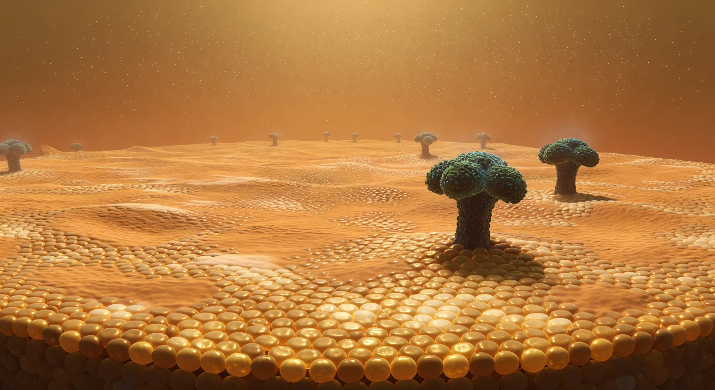 You stand on the outer face of an HIV-1 virion as though marooned on a warm desert planet, the lipid bilayer stretching away in every direction as a softly undulating plain of ochre and amber, each phospholipid headgroup visible underfoot as a faintly luminous cobblestone shifting in slow fluid hexagonal arrangements — this membrane is cholesterol-enriched and unusually rigid by retroviral standards, assembled partly from lipid rafts pirated from the host cell's own plasma membrane during budding. Perhaps forty body-lengths ahead, one of the virus's twelve gp120/gp41 trimeric envelope spikes rises like a solitary basalt monolith, its three lobes crowned with a translucent corona of N-linked glycans — roughly half the spike's molecular weight is sugar, a dense glycan shield evolved to frustrate antibody recognition and render the underlying conserved protein surface nearly invisible to the immune system. The electrostatic Debye layer shimmers around the spike's base where concentrated negative charge warps the local ionic atmosphere, while the membrane beneath you trembles with unceasing Brownian micro-shocks, thermal energy at physiological temperature delivering kicks of roughly 4 pN·nm with every water-molecule collision. Twelve spikes across an entire virion is extraordinarily sparse compared to other enveloped viruses — influenza bristles with hundreds of hemagglutinin trimers — and this poverty of surface features is itself a viral strategy, minimizing the antigenic targets exposed to neutralizing antibodies while each rare spike retains exquisite, conformationally gated affinity for the CD4 receptor on T-helper cells.