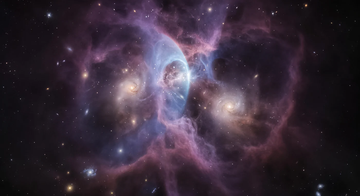 You float ten megaparsecs from the collision axis, and the entire merger fills your field of view like a detonation caught mid-frame — two vast populations of ancient elliptical galaxies, amber and pale gold, visibly displaced on opposite sides of the central zone, their dark matter halos having passed clean through each other while the baryonic gas was wrenched violently apart. Between them, a bow shock arc blazes in cyan-white incandescence, the compressed intracluster plasma driven forward into a bullet-shaped cone at thousands of kilometers per second, its thermal emission peaking deep in the X-ray band at temperatures exceeding tens of millions of degrees — a direct, luminous proof that ordinary matter and dark matter have been forcibly decoupled by the collision. Surrounding the shock front, the wounded intracluster medium spreads in every direction as a diffuse bruised haze of purple and deep magenta, the two cluster gas halos now smeared across the merger corridor in overlapping washes of shocked plasma, no longer anchored to the galaxies that passed through without slowing. Fainter still, background spirals and distant ellipticals show through the thinning outer plasma, their light filtered to ghostly pastels that lend impossible depth to a scene already spanning hundreds of millions of light-years, while the geometry of displacement — galaxies here, gas there, the wound between — makes the physics of the collision legible at a single glance across the void.