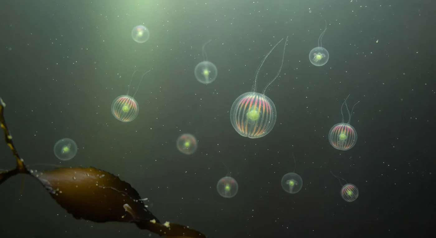 Below fifteen meters in a February sea loch, the peat-stained water filters what little light reaches this depth into a cold, directionless jade, and within that dim suspension a dozen Pleurobrachia pileus hang motionless in the mid-water column — spherical bodies no larger than glass marbles, each one so nearly transparent that they register less as objects than as subtle displacements of the green-grey murk, their curved mesoglea walls refracting a thin lens-flare of ambient light along each equator while soft celery-green gut contents glow faintly at their cores. Each individual belongs to the phylum Ctenophora, animals constructed almost entirely of viscoelastic mesoglea — a collagen-threaded, water-saturated gel whose refractive index is so closely matched to seawater that the body verges on optical erasure. What betrays them is movement: eight comb rows arc over each sphere like the meridians of a tiny world, their fused ciliary plates beating in antiplectic metachronal waves that sweep muted rose and amber iridescence along each band in a rhythm that pulses like slow breathing, a structural color produced not by pigment but by the diffraction of whatever faint light filters down through the plankton-hazed column above. Behind the nearest individual, a pair of gossamer tentacles extend fifteen centimeters into the particulate haze, their colloblast-studded tentilla vanishing entirely into the suspension — invisible fishing lines set inside a cold, pressured world where gelatinous life drifts in loose congregation through water that is itself more biology than emptiness.