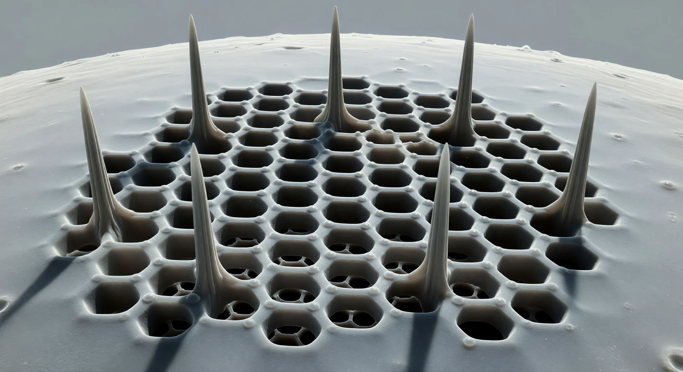 You stand on the outer shell of a radiolarian — a single-celled planktonic organism no wider than a few human hairs — its surface rendered in the cold, sourceless illumination of a scanning electron microscope as a vast curved plain of amorphous opal silica, ash-gray and faintly vitreous, the horizon bending away in every direction with the undeniable curvature of something spherical and very small. The ground beneath you is not ground at all but a geometric lattice: a near-perfect hexagonal tessellation of raised silica bars three micrometers wide, each framing a pore roughly fifteen micrometers across that plunges into absolute blackness, so that more of the surface is void than solid and you are walking a web of bridges over abyssal wells. Six triradiate spines erupt from the lattice at equidistant nodes, tapering to needlepoints forty or fifty micrometers overhead — at this scale, structures the height of skyscrapers, their lit edges catching a single silver line of highlight while their shadow faces dissolve into matte darkness. This skeleton, secreted by a living cell through a slow intracellular process of silicic acid polymerization inside dedicated membrane vesicles, is not crystal but biogenic amorphous silica — opal — precipitated with a geometric precision that no purely chemical process could achieve, the organism imposing biological order on mineral chaos. Through the pores, if you angle your gaze downward, you can just discern the suggestion of an inner concentric shell, its own hexagonal lattice misaligned with the outer one, a moiré of overlapping voids hinting at the nested architecture below — the radiolarian building its test not as a single wall but as a series of concentric spheres, each a new mineral commitment laid down over hours of slow, silent accretion in the open ocean.