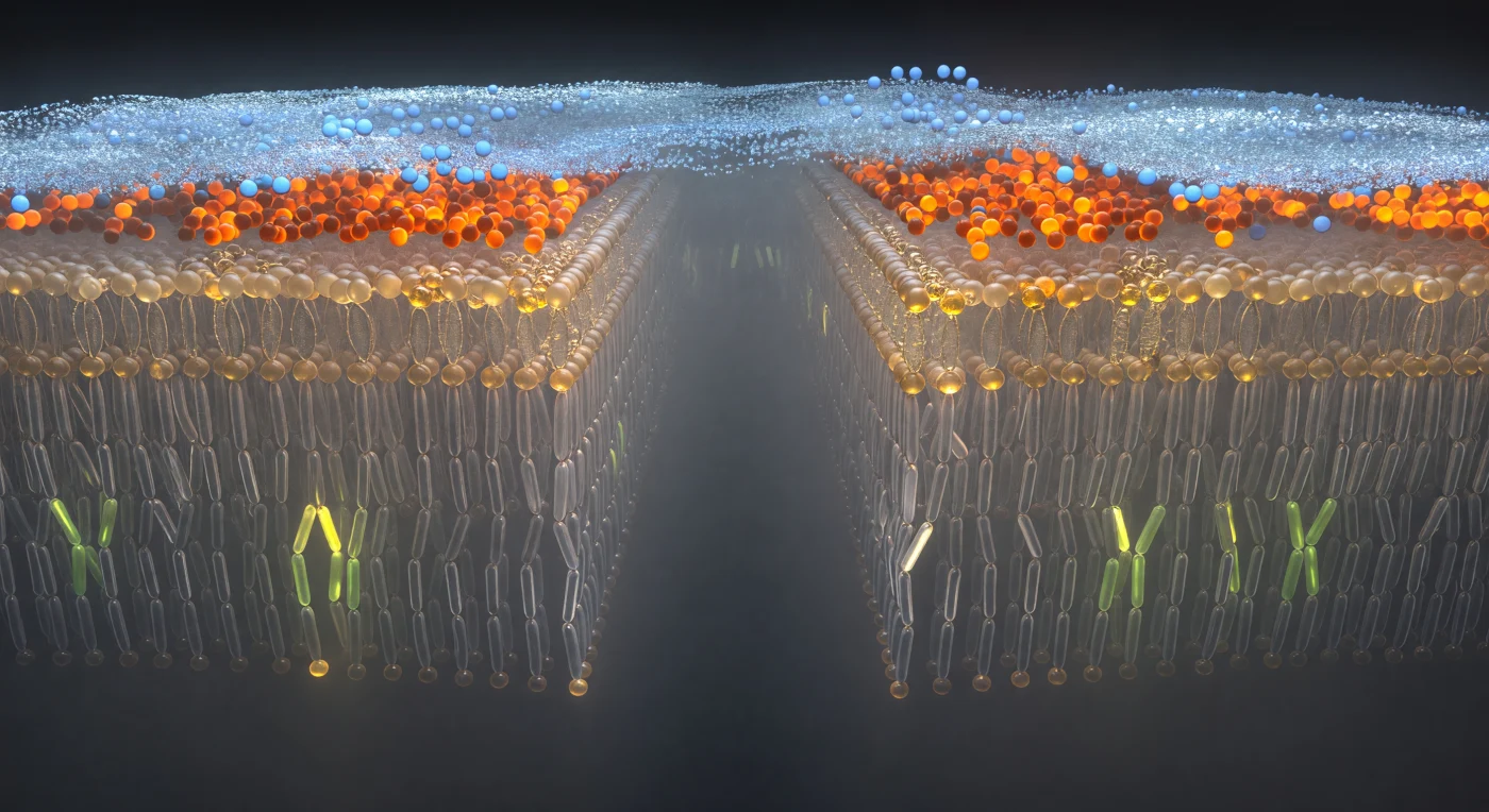 At the absolute midplane of a fluid DPPC bilayer — a membrane just four nanometers thick from headgroup to headgroup — the immediate world is a dim, waxy charcoal expanse where the methyl termini of opposing fatty acid chains barely graze one another across the hydrophobic void, a boundary so molecularly sparse it registers as near-silence after the dense architecture above. Rising outward through either leaflet, long sinuous CH₂ corridors streak upward like brushed pewter pillars, occasionally interrupted by the warm yellow-green elbow of an unsaturated double bond that kinks the chain geometry and scatters ambient light differently than its saturated neighbors — each such bend a structural defect that fluidizes the bilayer and keeps it from crystallizing at body temperature. The glycerol-ester stratum announces itself as an amber-translucent geological seam, electron-dense ester linkages glinting like resin nodules at the precise frontier where hydrophobic territory surrenders to polar chemistry. Beyond that boundary the world erupts into the crowded, electrostatically charged headgroup region: phosphate spheres burn deep saturated orange while choline nitrogens glow cool sky-blue above them, both leaflets incessantly jostled by the cold, glittering hydrogen-bond network of bulk water whose picosecond-scale restructuring reads as a perpetually forming and dissolving crystalline frost pressing in from either aqueous face.