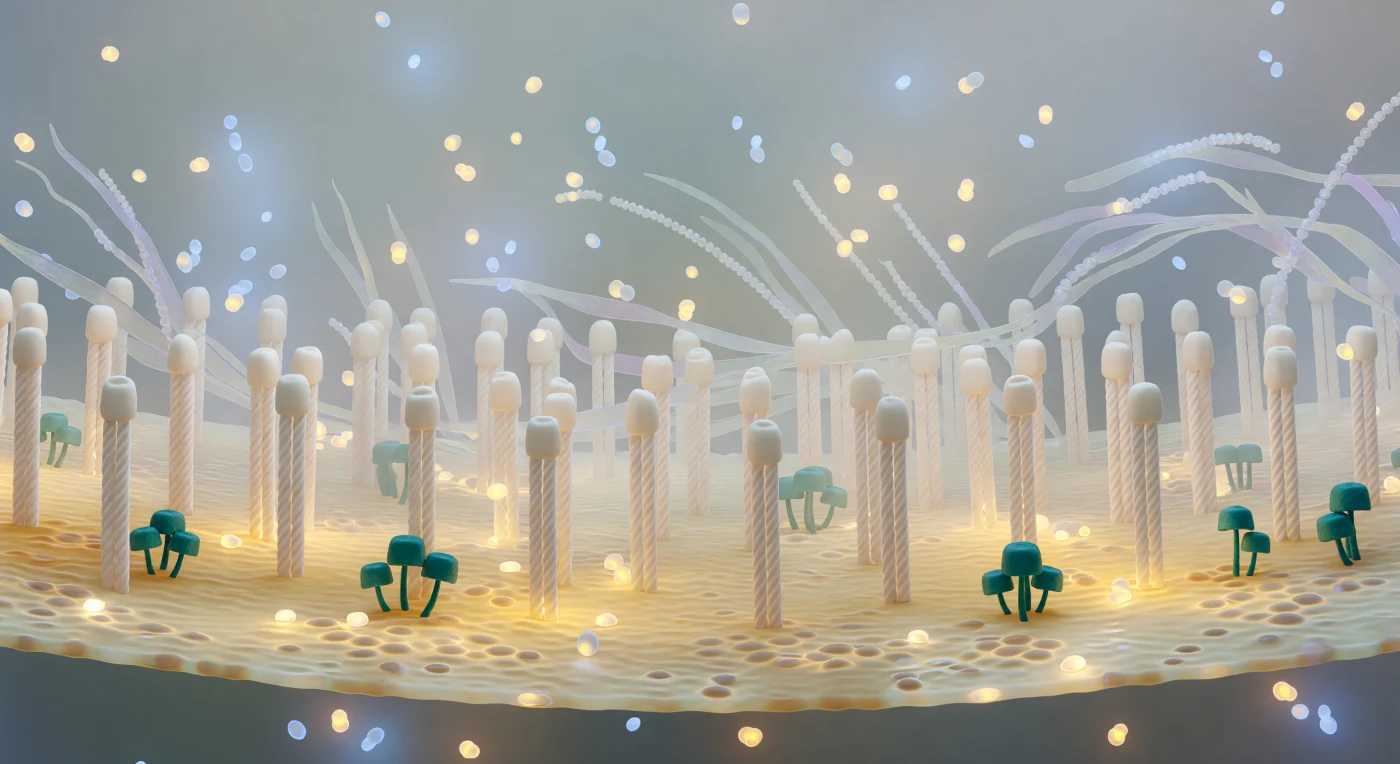 You find yourself drifting at eye level across a world that curves away in every direction, its surface a shimmering plain of warm amber and honey-gold — the fluid lipid bilayer of an influenza virion, alive with the slow thermal undulation of a membrane whose phospholipids and cholesterol-rich microdomains shift and pool in constant Brownian restlessness. Around you, hemagglutinin trimers rise like a dense ivory forest, each a slender three-stranded glycoprotein rod roughly thirteen nanometers tall, their softly swollen crowns packed close enough that the bilayer floor is only glimpsed in narrow amber corridors between them; scattered among them at irregular intervals, neuraminidase tetramers squat wider and lower, their blunt teal-and-verdigris heads catching the cold diffuse light differently and drawing the eye like dark lanterns in a pale wood. The surrounding medium is no vacuum but a luminous biological fog — serum albumin globules drift past like softly glowing amber spheres, sinuous glycoprotein chains and mucin strands trail through the middle distance like translucent kelp in slow current, and the visibility closes in rapidly, dissolving the further rows of pillars into opalescent haze just a handful of molecular lengths away. This is the extracellular milieu at physiological crowding: water behaves here as thick syrup, inertia is meaningless, and every surface encounter carries the potential for a binding event that could determine the fate of an entire infection. The scene holds no sky, no distant horizon, no open space — only this claustrophobically rich, densely inhabited forest of molecular architecture receding into luminous protein fog.