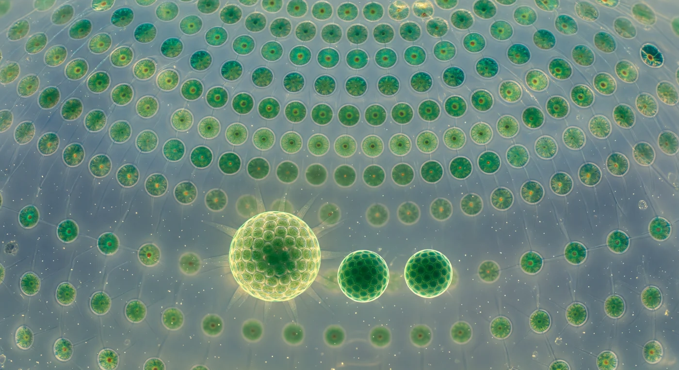 You stand at the hollow center of a living sphere barely half a millimeter wide, yet the scale it commands is monumental — the curving dome overhead resolved into a geodesic mosaic of thousands of somatic cells, each a ten-micron biflagellate organism locked into the transparent glycoprotein matrix like an emerald pressed into pale resin, connected to its neighbors by hair-fine cytoplasmic strands that catch the diffuse aquatic light as faint silver threads, stitching the entire colonial organism into a single coordinated architecture. This is *Volvox globator*, a green alga that occupies the threshold between unicellularity and true multicellularity: its roughly two thousand somatic cells are terminally differentiated — they can never divide — and exist solely to row the colony through the water column using paired flagella whose metachronal beat ripples continuously across the dome's inner face like wind crossing luminous moss, the collective motion rotating the whole sphere as it climbs toward light. Suspended in the clear fluid of the interior, three daughter colonies drift like planets in a glass reliquary — each one an inversion embryo that formed inside the parent through a developmental process called palintomy, dividing rapidly without growth and then turning itself inside out through a choreographed rupture, so that the flagella emerge facing outward — the largest daughter already shimmering with its own coordinated cilia-light, the smallest still a dense jade ball of cells waiting for its flagella to wake. The fluid between them trembles with Brownian motion, carries dissolved oxygen gradients shaped by photosynthesis, and holds the chemical signals that coordinate reproduction across the colony; the entire structure, from dome to daughters to the aqueous medium binding them, is a single organism in negotiation with itself.