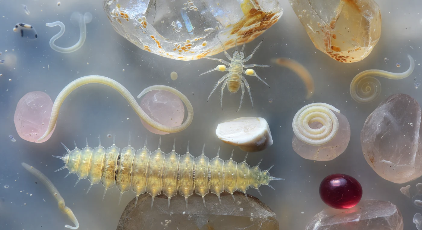 You are suspended inside a world that has no sky — only the curved flanks of mineral boulders receding into turbid blue-grey water, and the amber hull of a kinorhynch filling your entire field of view like an armored leviathan whose thirteen articulated zonites, each edged in paired lateral spines, constitute the dominant architecture of your horizon. This animal, measuring perhaps half a millimetre in reality, belongs to a phylum so ancient and architecturally intricate that its cuticular sclerites must be shed and rebuilt at every moult, each segment a precise interlocking plate of hardened cuticle — a biological engineering solution older than the first forests. Around it, nematodes that number in the millions per square metre of sediment below your feet pursue parallel existences in separate pore spaces: one pressed sinuously against a feldspar cleavage face in mid-undulation, another coiled in metabolic patience around a second grain, their unsegmented bodies exploiting a viscosity-dominated fluid regime where inertia is nearly meaningless and every movement is a negotiation with the water itself. A harpacticoid copepod hovers above them in a wider void, its biramous swimming legs extended in full fan, egg sacs swollen at its urosome, while behind all of them the pore water's colloidal haze dissolves further organisms into luminous suggestion — ghost ribbons and blurred curves hinting at the extraordinary density of metazoan life packed into what a human hand would register as a pinch of grey sand.