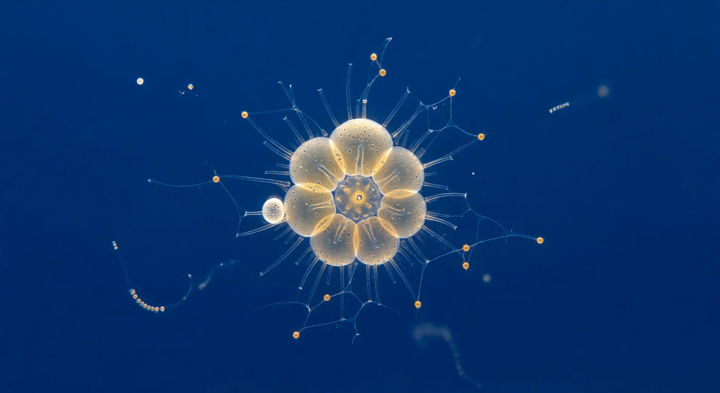 Suspended at eye-level with a single living *Globigerinoides ruber*, you face a luminous amber lantern floating against an infinite cobalt void — four globular calcite chambers arranged in a low trochospiral whorl, each wall translucent enough that diffuse tropical sunlight seems to radiate from within the mineral itself, and the finely perforated surface gives the test the texture of polished stone riddled with microscopic wells. From its aperture and spine bases, monocrystalline calcite needles radiate outward in every direction — water-clear and nearly invisible except where they refract the down-welling light into drifting arc-shaped caustics, three hundred micrometers of glass-thin mineral vibrating at the threshold of perception. Between these spines, a gossamer reticulopodial network spreads into the surrounding seawater as barely-visible silver-blue threads that branch, anastomose, and dissolve into the ambient blue, their invisible cytoplasmic highways traced only by a slow procession of golden-brown zooxanthellae beads drifting toward the test surface like lanterns carried along a dark river. This single cell — a marine protist whose calcite test will eventually sink through thousands of meters of ocean and persist in sediment for millions of years — occupies the absolute center of a three-dimensional liquid space that extends in all directions to infinity, its mineral architecture simultaneously immaculate and fragile, geometrically absolute against the cold cobalt silence of the photic zone.