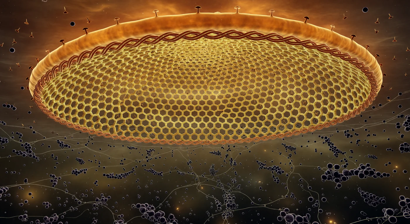 Looking up from inside the forming bud, the curved Gag lattice arches overhead as a vast amber honeycomb, its hexameric rings tessellating across the full span of your visual field in warm ochre and gold, each unit a self-assembled cluster of polyprotein subunits spontaneously adopting this geometry through nothing more than thermodynamic preference and molecular complementarity. This is HIV in the act of becoming — the immature Gag lattice, roughly 8 nanometers per hexameric ring, drives membrane curvature outward into a nascent virion that does not yet exist as an independent particle, the host plasma membrane glowing just beyond as a paired amber sheet, its lipid bilayer barely resolved, interrupted by the dark silhouettes of Env glycoprotein spikes already embedded and waiting. At the constricting neck visible at the dome's far rim, ESCRT-III filaments have been recruited from the host cell's own membrane-remodeling machinery and now spiral inward in a tightening copper coil, each polymer strand a few nanometers wide, their helical contraction preparing to sever the membrane neck in a topology-reversing scission event the cell ordinarily uses to pinch off multivesicular body cargo. Below, the cytoplasm recedes into an impenetrable crowded darkness of ribosomes, RNA strands, and jostling proteins — the thermal violence of that molecular environment invisibly transmitted upward into every element of the dome above, each subunit trembling in place, the entire architecture held together not by rigidity but by the collective statistics of ten thousand weak bonds.