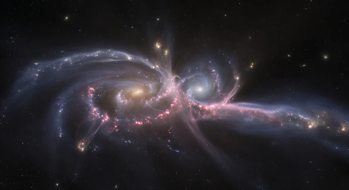 The field of view is overtaken by two massive spiral galaxies locked in their final gravitational embrace, their once-orderly disk structures torn into sweeping arcs of tidal debris that extend hundreds of kiloparsecs outward — blue-white chains of O- and B-type supergiants tracing the outer tidal tails while older stellar populations dissolve into amber and cream hazes at the trailing edges. Between the two still-distinct nuclei, one warm gold and one cooler blue-white, a luminous tidal bridge of stars and ionized hydrogen glows faintly pink where gas compression along the interpenetrating disk planes has ignited a furious corridor of starburst activity — dense HII knots each containing tens of thousands of newly formed stars blazing through their natal molecular clouds with torrents of ultraviolet radiation. This type of major merger event drives some of the most intense star formation rates in the universe, with gas inflows toward the coalescing nuclei capable of sustaining star formation rates hundreds of times that of a quiescent spiral, ultimately destined to produce a single elliptical remnant once the two supermassive black holes inspiral and merge on timescales of hundreds of millions of years. Off to one side, a ram-pressure stripped gas tail drifts away from the system at a divergent angle — not shaped by gravity but scraped clean by the hot intracluster medium through which the merger is plowing — transitioning from pale lavender at its root to a ghostly blue-grey translucence as it thins into the surrounding void. Far behind the collision, the deep field reveals the faint lacework of the cosmic web itself, distant galaxy concentrations reduced to pale silver smears against volumes of near-total darkness that frame this catastrophic foreground event with the full indifferent depth of cosmological scale.