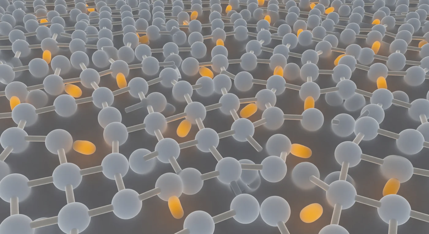 You stand inside a world with no exit and no horizon — in every direction, medium-gray silicon spheres press close, each one a boulder-sized mass of electron probability glowing faintly from within, their surfaces bleeding into a translucent quantum haze that fills the narrow voids like thin silver smoke. Amorphous silicon lacks the long-range periodicity of its crystalline counterpart: each silicon atom seeks four covalent neighbors, but without the enforced regularity of a diamond cubic lattice, bond angles deviate randomly from the tetrahedral ideal of 109.5°, and no axis of symmetry survives beyond two or three bond lengths before the geometry bends away unpredictably. Between each pair of neighbors, a warm gray-white cylinder of shared electron density bridges the gap — a covalent bond made tangible, its slight luminescence the visual signature of two atomic orbitals overlapping and lowering their combined energy. Scattered through this claustrophobic framework, three-coordinated defect atoms carry an unsatisfied fourth orbital that juts into the surrounding void as a soft amber-orange lobe, a dangling bond whose unpaired electron — a paramagnetic trap state well documented by electron spin resonance — pulses with saffron warmth against the otherwise cool silver-gray matrix. Depth dissolves within arm's reach: sharp and detailed at one bond length, softened by overlapping electron-density atmosphere at two, and by three or four bond lengths away the entire structure blurs into a luminous gray-orange murk, the disordered solid closing every sightline and curving endlessly inward upon itself.