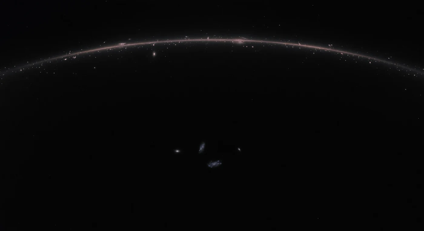 You are suspended at the geometric center of the Boötes Void, one of the largest known supervoids in the observable universe, a spherical absence roughly 330 megaparsecs across whose interior holds so few galaxies that cosmologists still debate whether its emptiness is statistically explicable. In every direction, the darkness is not the ordinary black of interstellar space but something denser and more total — the cosmic microwave background permeates the sphere as a faint, perfectly uniform thermal whisper, its infrared warmth so diffuse it reads less as light than as the residual heat signature of a universe that was once far hotter and far smaller, while three dwarf irregular galaxies drift in the foreground like torn fragments of luminous tissue, their blue-violet star-forming knots the only specific texture in hundreds of millions of light-years of near-absolute vacuum. The intergalactic medium here is so rarefied that a cubic meter of this space contains fewer atoms than the finest laboratory vacuum achievable on Earth, a density so low that matter has effectively ceased to be a meaningful category, and the dominant constituent of the volume is dark energy, the same accelerating pressure that is actively preventing this void from ever being reclaimed by the large-scale structure surrounding it. At the very limit of perception, curving continuously around the entire horizon in every direction, the bounding filament walls of the void announce themselves as an extraordinarily faint warm arc — amber bleeding into dusty rose, the smeared collective glow of tens of thousands of galaxies compressed by hundreds of millions of light-years of distance into a thin, unbroken rim, less an edge than the memory of a structure so vast that the mind can hold its geometry only in the abstract.