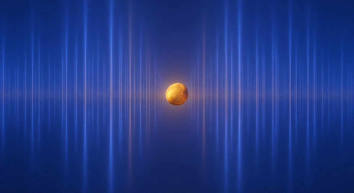 At five femtometers from a solitary proton, the world has been replaced entirely by field — a cathedral of electric-blue columns streaming vertically through the vacuum in every direction, equidistant and infinite, each one a volumetric filament of ordered magnetic force generated by a seven-tesla field whose strength, at this proximity, feels less like measurement and more like weather. At the absolute center of this luminous forest floats the proton itself, a dense amber sphere barely a femtometer across, its interior furnace-gold radiance spilling outward to tint the nearest field lines a warm tangerine before the cold cobalt reasserts dominance. The proton is not still: its spin axis, rendered as a red-white directional arrow, is tilted away from the vertical field and sweeping out a steady precessional cone — the Larmor precession, a gyroscopic wobble driven by the torque the magnetic field exerts on the proton's intrinsic magnetic moment, here occurring at roughly three hundred megahertz, one full cone-sweep every few nanoseconds, a cadence almost geological in its patience compared to the yoctosecond violence of strong-force interactions happening simultaneously within the same femtometer volume. The paradox of the scene is total: this single quantum particle, containing ninety-nine percent of a hydrogen atom's mass at a density of two hundred million tonnes per cubic centimeter, precesses with the serene geometric regularity of a gyroscope on a frictionless bearing, its metronomic rotation the very physical principle that makes magnetic resonance imaging possible at human scales ten-billion times larger than this amber sphere suspended in its infinite blue field.