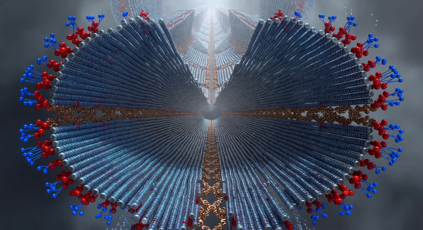 You are suspended at the dead center of the fibril axis, looking down a tunnel of four protofilament lobes that sweep outward from you like the petals of a gothic flower, each wing a curved wall of beta-strands stacked in relentless 4.7-ångström increments — a spacing so precise it functions less as a measurement than as the structural heartbeat of an entire category of molecular pathology. These are amyloid fibrils: cross-beta assemblies formed when once-soluble proteins collapse out of their native conformations and lock into hydrogen-bonded sheets that propagate laterally with a thermodynamic permanence rivaling crystalline mineral. At the core, between the four protofilaments, a steric zipper seals the structure from within — interdigitated side chains meshed in near-contact, van der Waals surfaces touching across a gap so narrow that bulk water is excluded entirely, replaced by a dry, amber-glowing compression of electron density that drives stability through hydrophobic burial and geometric complementarity too exact to be accidental. At the outer frontier, glutamate and lysine residues reach into the surrounding solvent haze — electrostatically charged sentinels creating the dielectric fringe that both stabilizes the assembly against lateral aggregation and presents the surface chemistry that living systems cannot easily degrade. The entire structure, roughly 10 nanometers across, extends for hundreds of nanometers along the axis receding above you: at this scale, that distance reads as geological, a molecular colonnade built from the slow catastrophe of misfolding.