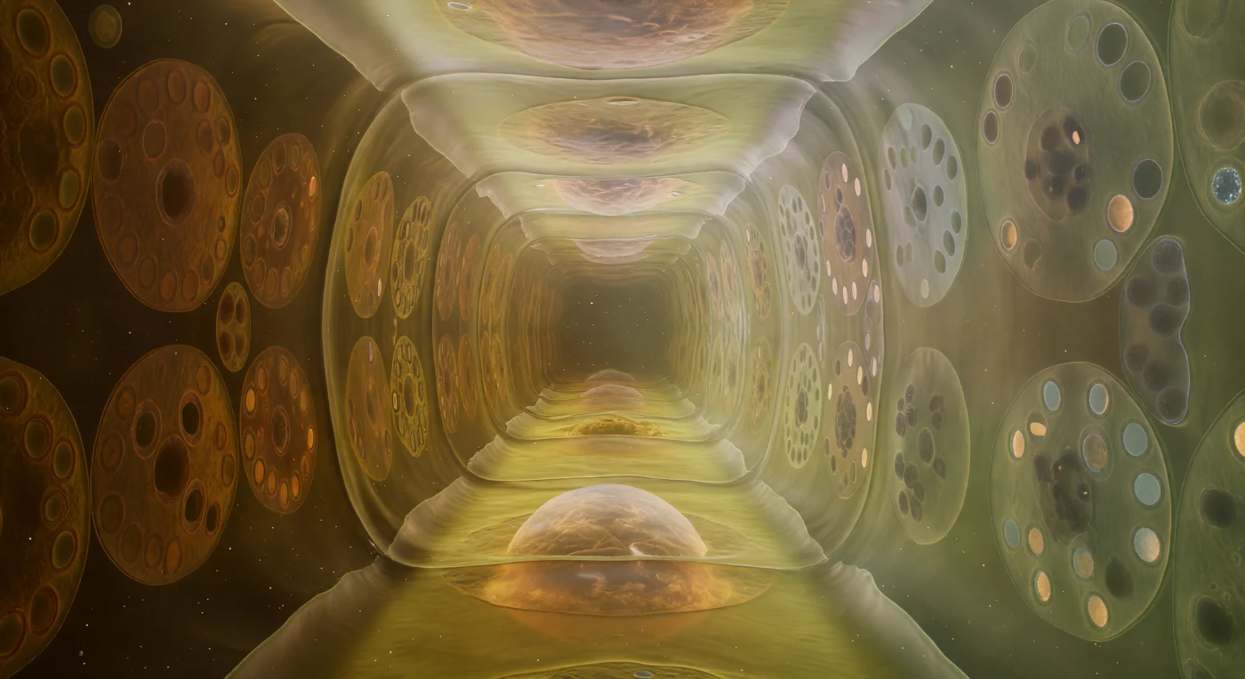 You stand suspended inside the vascular cambium at the peak of spring's generative surge, enclosed within a corridor of cells so attenuated they seem less like walls than suggestions of enclosure — each fusiform initial stretching before you like the nave of a submerged cathedral, its pale straw-yellow cytoplasm glowing with a lantern's diffuse warmth, its nucleus a large opalescent sphere drifting mid-cell through amber haze. This is the vascular cambium, a single meristematic layer of fusiform initials poised between two diverging fates: to your left, daughter cells already committed to xylem are armoring themselves with concentric bands of lignified secondary wall, the amber deepening cell by cell into tawny ochre as living protoplasm is replaced by hollow, engineered tubes built for water under tension; to your right, nascent sieve elements dissolve themselves purposefully — nuclei fading, cytoplasm thinning to a permeable gel, callose halos forming around sieve plate pores as each cell surrenders its individuality to become a conduit for photosynthate flowing at nearly a meter per hour. The compression between these two solidifying empires is immense and quiet: the cambium itself is under mechanical stress from expanding xylem on one side and the bark's resistance on the other, yet these cells — barely twenty micrometers across — sustain the division rates that will build an entire season's growth, their walls so thin they register less as surfaces than as the living membrane of a world caught perpetually between becoming wood and becoming flow.