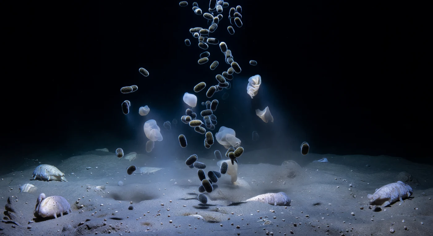 You are lying against the abyssal plain at 3,000 meters, your perspective flush with the sediment surface, gazing upward into a darkness so complete it registers less as an absence of light than as a physical presence pressing downward. The pale gray-tan biogenic ooze beneath you — a compressed record of foram shells and radiolarian tests accumulated over millennia — stretches outward to where holothurian bodies the color of old ivory lie half-dissolved into the sediment margin, their surfaces catching the only illumination available: a sourceless, monochromatic blue wash that seems less like light than like the idea of light, coloring everything within a single cold frequency somewhere between cerulean and void. Into this upward gaze descends the biological pump's slow currency: salp fecal pellets, dense olive-brown to near-black cylinders of 0.5 to 2 millimeters, each one a membrane-wrapped capsule of compressed picoplankton wrapped in a living bacterial biofilm that gives its surface the texture of dark velvet, falling in unhurried spirals that will take days to complete the final meters of a journey begun weeks ago at the sunlit surface. Between them drift the structural failures of salp carcasses — collapsed gel architectures whose muscle bands have dissolved into rumpled translucent sheets, each trailing a diffuse halo of dissolved organic matter, a faint chemical breath spreading outward at the speed of molecular diffusion into halos that overlap and intermingle, creating subtle turbid veils at successive depths. This is not emptiness but a slow rain of fixed carbon arriving in near-monochrome silence onto a pale and patient floor, each impact registered only as a microscopic crater in the ooze.
