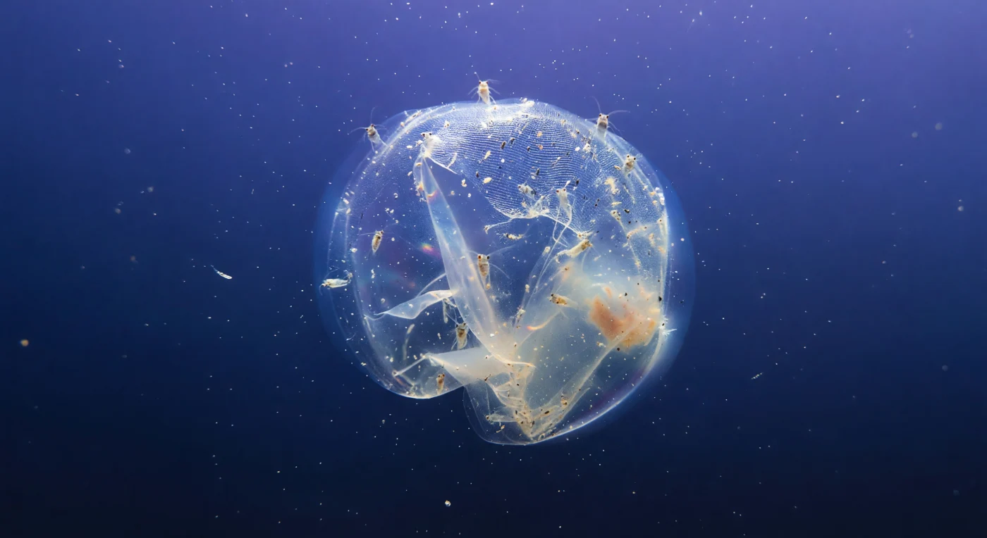 Looking upward through five meters of mesopelagic water, the viewer confronts a structure that reads like a collapsed celestial object — a mucus balloon forty centimeters across, crumpling in asymmetric slow motion as its internal pressure equalizes, one hemisphere already accordion-folded into elegant pleats while the other still holds a ghost of its original dome. This is a larvacean house, a filtering architecture secreted entirely from mucopolysaccharides by an animal smaller than a fingernail, abandoned when its inlet grids clogged beyond usefulness and now beginning its weeks-long descent toward the seafloor carrying a payload of trapped carbon — phytoplankton chains, fecal pellets, bacterial aggregates pressed into its collapsing membrane like insects in amber. Where the mucus remains taut it acts as a thin-film diffractor, splitting the last attenuated indigo daylight into transient iridescent arcs of violet and teal that migrate across the surface as the structure rotates, while clouded regions shift to milky cream and pale tan where accumulated particles have stolen the transparency, and at the perimeter a diffractive halo of blue-white light rings the entire structure like a drowned moon. Hovering at the sagging inlet grid above, copepods no larger than a grain of rice — their bodies so transparent that the deep cobalt water reads straight through them, only twin copper-sphere compound eyes and a dark gut trace betraying their presence — probe the clogged hexagonal mesh with maxillipeds too fine to resolve, opportunistically gleaning concentrated food from what the house's owner discarded. Between the observer and this sinking architecture, marine snow fills the entire water column in slow differential precipitation, each particle a luminous point at a different depth, making the space feel genuinely volumetric — a ghost ship dissolving through layered, inhabited darkness on its way to the abyss.