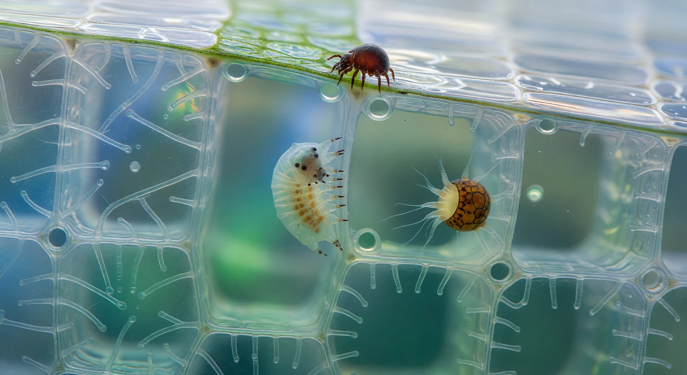 You hover suspended in the flooded interior of a *Sphagnum* hyaline cell, surrounded by towering rectangular chambers of living glass whose cellulose walls are so thin that blue-green light passes through them almost unimpeded, refracting into soft fan-shaped beams that rake diagonally through the water column while helical fiber struts — the structural reinforcements spiraling up each cell wall — catch the light on their curved faces and scatter faint prismatic halos into the surrounding water. The cells are dead by design, their contents replaced entirely by water, functioning as a biological reservoir that allows *Sphagnum* to hold up to twenty times its dry weight in moisture, and the perfectly circular pores interrupting each wall at regular intervals are not accidents but evolved connections between adjacent chambers, creating a hydraulic network of breathtaking geometric precision. In the middle distance a tardigrade grazes with methodical patience on the outer face of a cell wall, its barrel body near-transparent, its eight clawed legs pressing one at a time against the smooth cellulose surface in a slow walk governed not by urgency but by the physics of adhesion at this scale, where surface tension and Van der Waals forces matter far more than gravity. Nearby, a testate amoeba extends trembling pseudopodial threads of cytoplasm from the aperture of its mineral-plated amber shell into open water, each filament a silver flicker in the refracted light as it hunts bacteria too small to resolve here. Above the sharp diagonal line of the meniscus — a curved glass ceiling of surface tension separating flooded cathedral from open air — a mahogany-domed oribatid mite grips the leaf margin with all eight legs, its polished notogaster mirroring distorted blue-green rectangles of the cell walls it has never entered, standing sentinel at the precise boundary between two worlds.