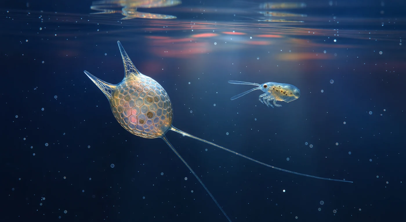 You are suspended in the uppermost millimeter of the open ocean in the last minutes before sunrise, floating beside a structure that dwarfs you the way a city bus dwarfs a pedestrian: a single *Ceratium tripos* dinoflagellate, its amber-gold body enclosed in tessellating amphiesma plates whose seams catch the first photons filtering down through the air-water interface above as hairlines of cold blue fire. The cell's three hollow horns — one apical, two antapical — are not solid spears but transparent calcite lances braced internally by trabecular lacework, thin enough that the deepening predawn light passes through them and illuminates the brownish-gold chloroplast clusters packed within the main cell body, strobing them rose and amber as micro-capillary ripples skate the surface and bend the incoming light into slow prismatic sweeps. At the equator of the cell, seated in the cingulum groove like a thread running through a carved canyon, the transverse flagellum beats in continuous helical strokes that blur into a silver shimmer — the primary engine of this organism's diel vertical migration, which carries it toward the surface each dawn to harvest photons before descending again at dusk, a daily commute of meters that, at this scale, feels like the movement of weather systems. Beyond the Ceratium, three to four centimeters away in real space but perceived here as the distance to a glass office tower, a copepod hangs motionless in the water column, its paired antennae spread like enormous translucent oars, its segmented legs individually larger than the entire dinoflagellate before you — a reminder that this luminous microscopic cathedral exists inside a food web whose predators are, by the logic of scale, geological in their mass.