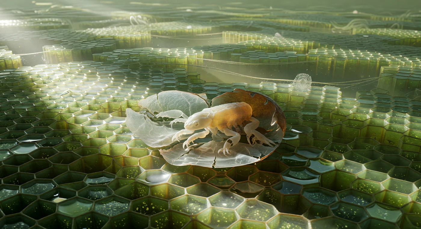 At the center of everything, a body is being born from itself — a tardigrade halfway extracted from the split anterior seam of its own shed cuticle, caught at the precise moment when two versions of the same animal coexist in the same frame. The discarded exuvia is the more immediately astonishing object: a complete hollow effigy, translucent as crinkled glass, its former claw sockets, leg tubes, and dorsal plate impressions all preserved in pale relief as though the cuticle were a mold made from an absence — this is ecdysis, the periodic molt that all ecdysozoans must perform to grow, the old trilaminar chitin-protein exoskeleton split and evacuated while the new cuticle beneath completes its sclerotization over the hours following emergence. The emerging animal reads differently from its ghost: its surface carries a faint warm amber iridescence where cross-linking of the new cuticle matrix has begun but not finished, the forward claws still pearl-soft stubs of unsclerotized cuticle that will harden over the coming hours into the precisely hooked tools used for gripping bryophyte cell walls, the hind legs still partially sleeved within the old leg sheaths so that limb and vacated lumen form a doubled image. Beneath them both, the moss leaf cell surface extends to every horizon — each hexagonal cell wall rising two or three body-lengths as a translucent green-amber rampart packed with chloroplast constellations, the water films pooled at cell junctions pulled into menisci that act as curved mirrors, and thin fungal hyphae crossing the mid-distance like slack rope bridges into a green-gold haze where the world quietly dissolves.