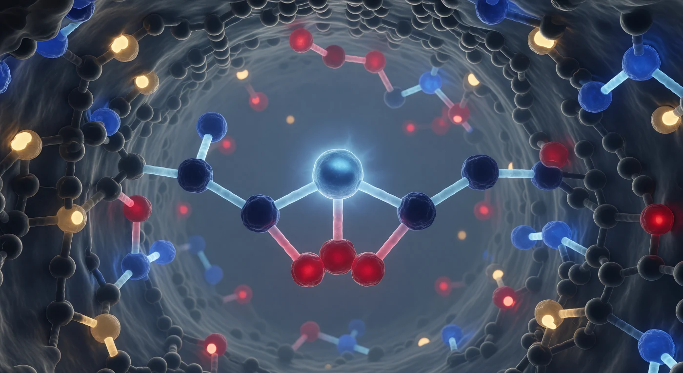 You stand inside a cavity so small that the curved walls around you are made of individual atoms — not surfaces, but distinct spherical territories of electron probability pressing against one another in a close-packed grotto of living chemistry. At the center floats a zinc cation, a dense steel-blue sphere radiating cold metallic luminosity through a corona of electron density haze, anchored by three histidine nitrogen atoms whose dark indigo surfaces trail thick, translucent bond-bridges of shared quantum fog — pale cyan cylinders connecting each nitrogen to the metal in a trigonal arrangement as geometrically inevitable as a vaulted arch, while below the zinc a hydroxide oxygen pulses deep arterial red, its lone-pair aureoles pressing upward in a bond so dense and short it appears almost crystalline. The pocket walls rise in every direction from charcoal-gray carbon chains whose van der Waals surfaces overlap into a continuous irregular ceiling, punctuated by garnet-red oxygen atoms with swollen diffuse electron clouds and cooler cobalt-blue nitrogen nodules, the entire cavity suffused with a dim bioluminescent self-emission that has no external source — only the intrinsic glow of electron density, warm amber from carbon, cold blue from nitrogen, the steel pulse of the zinc core holding the geometry in place with the precision of a molecular machine evolved over billions of years to accelerate CO₂ hydration by a factor of ten million. At the pocket entrance, partially eclipsed by the curved protein wall, a CO₂ molecule hangs at the threshold, its two crimson oxygen atoms flanking a dimmer central carbon, the double-bond cylinders visibly thicker and more luminous than single bonds — a substrate paused at the moment before chemistry begins, the surrounding van der Waals fog thickening toward the far wall into a blue-gray atmospheric haze that dissolves solid matter into depth, sealing you inside a space measuring barely a nanometer across, the most consequential cave on Earth.